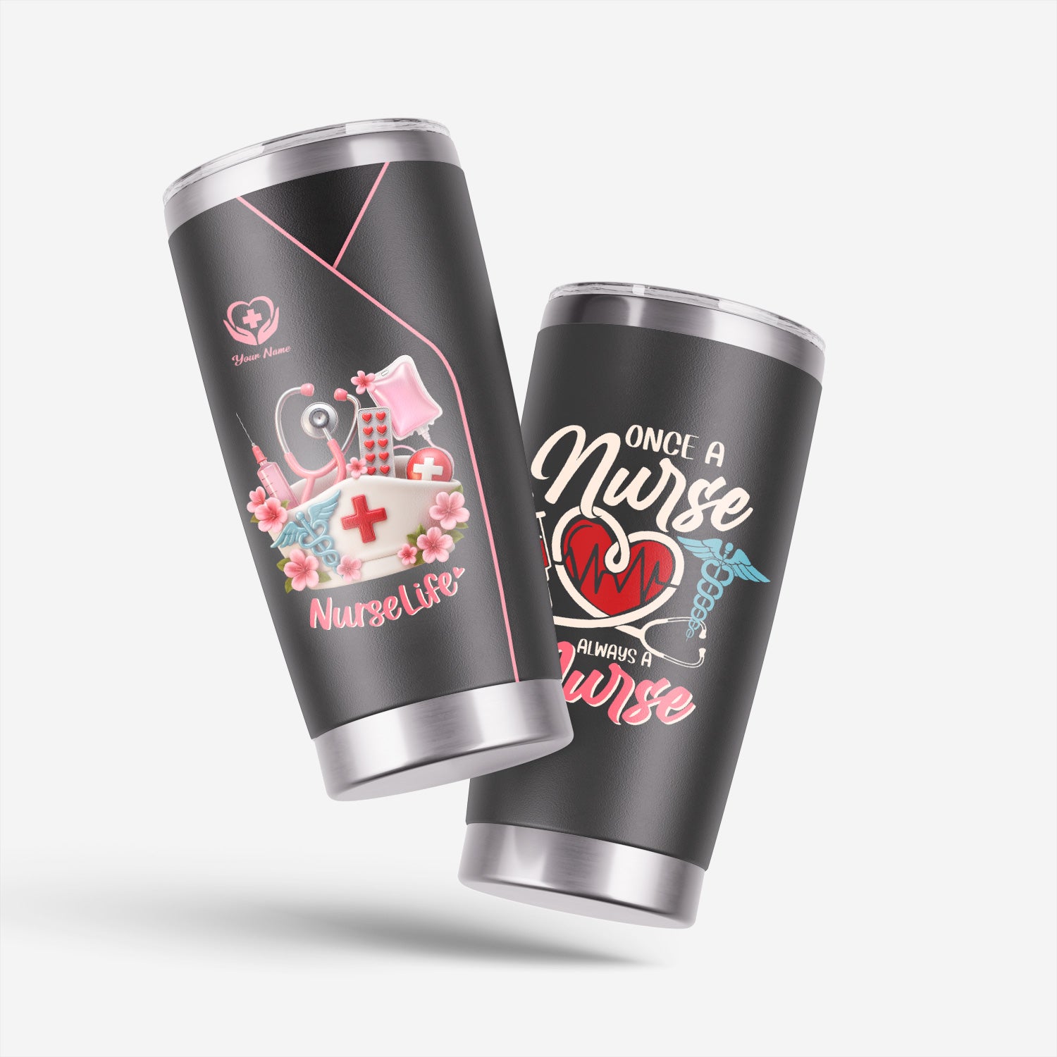 Personalized Nurse Tumbler - Cute Scrub & Heartbeat Design - Gift for RN LPN CNA Students and Workers