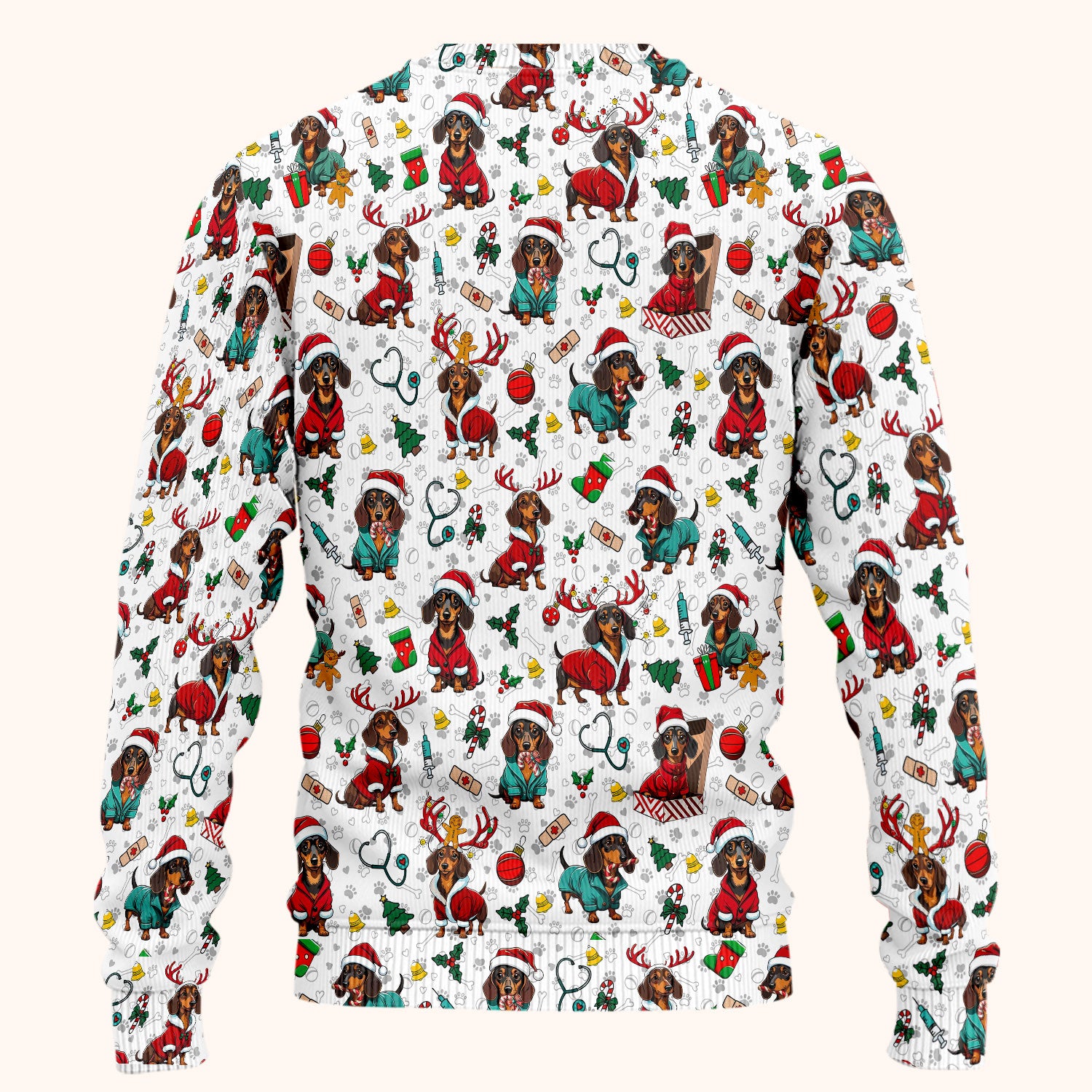 Christmas Dachshund Scrub Set for Nurses - Cute Sausage Dog Holiday - Funny Reindeer & Santa Scrubs Pants and V Neck Top