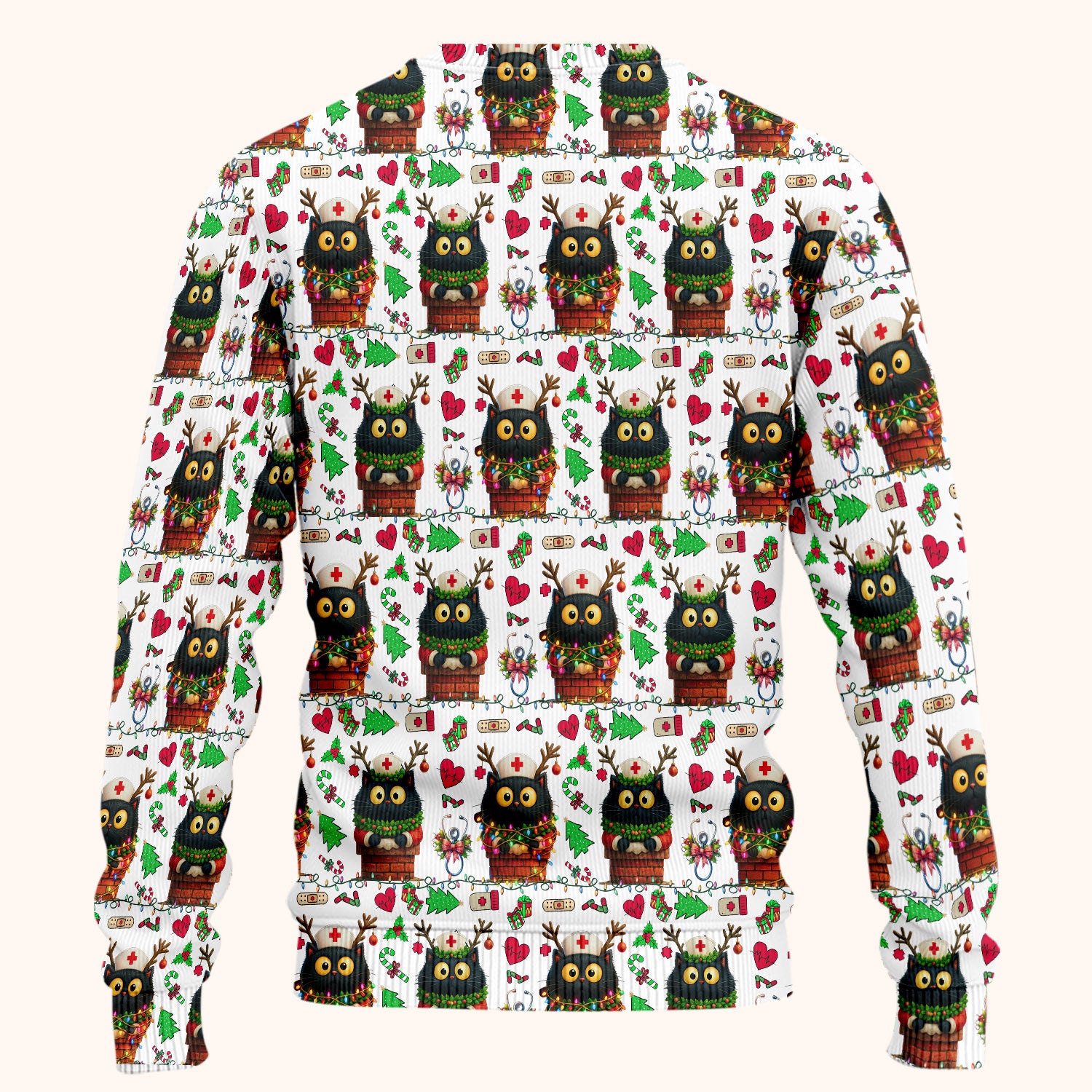Christmas Black Cat Scrub Set for Nurse - Cute Reindeer Cat with Xmas Lights Pants and V Neck Top - Festive Holiday Medical Uniform