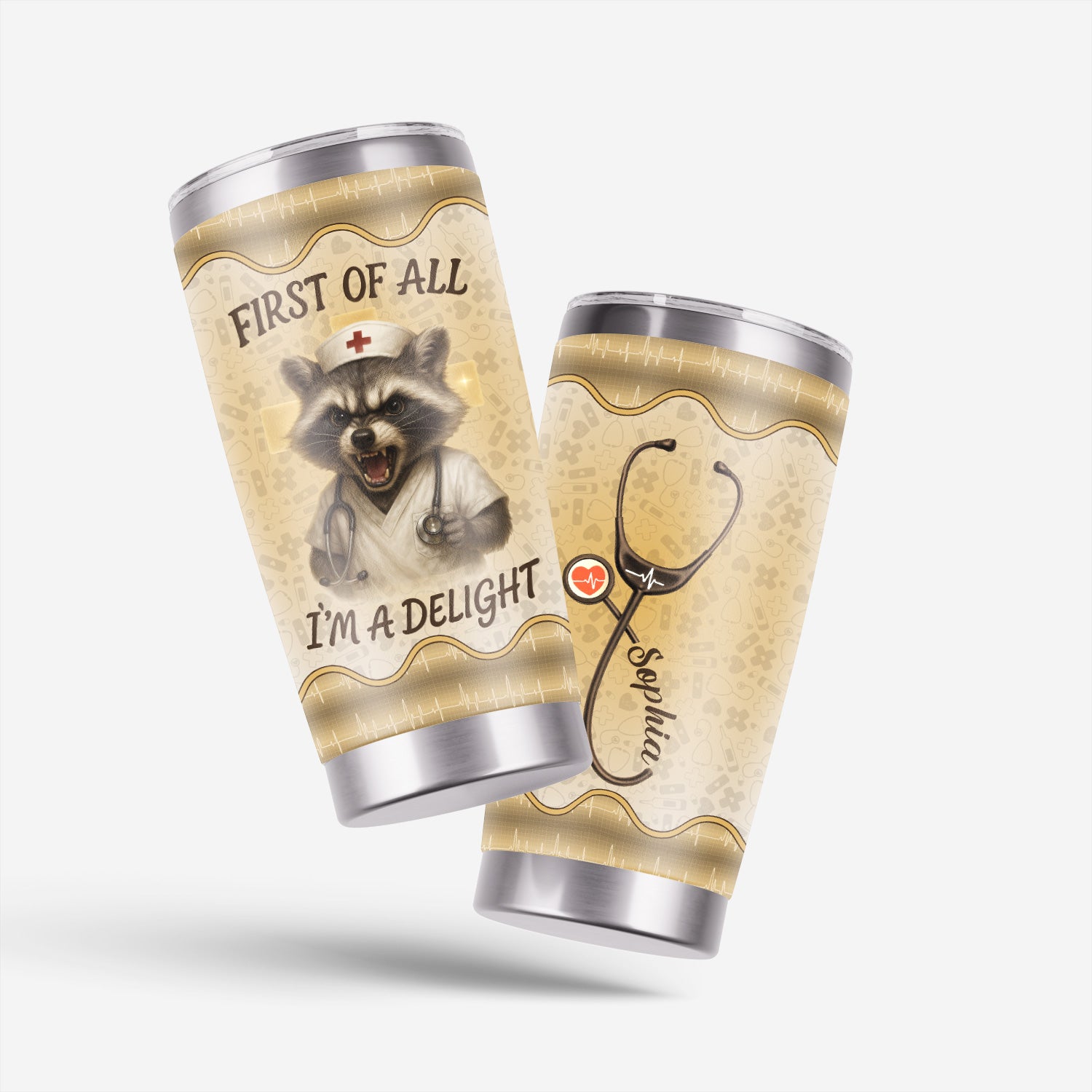 Funny Nurse Tumbler - First Of All I'm A Delight - Personalized Raccoon Mug with Name - Gift for RN CNA LPN Women - Stainless Steel Travel Cup