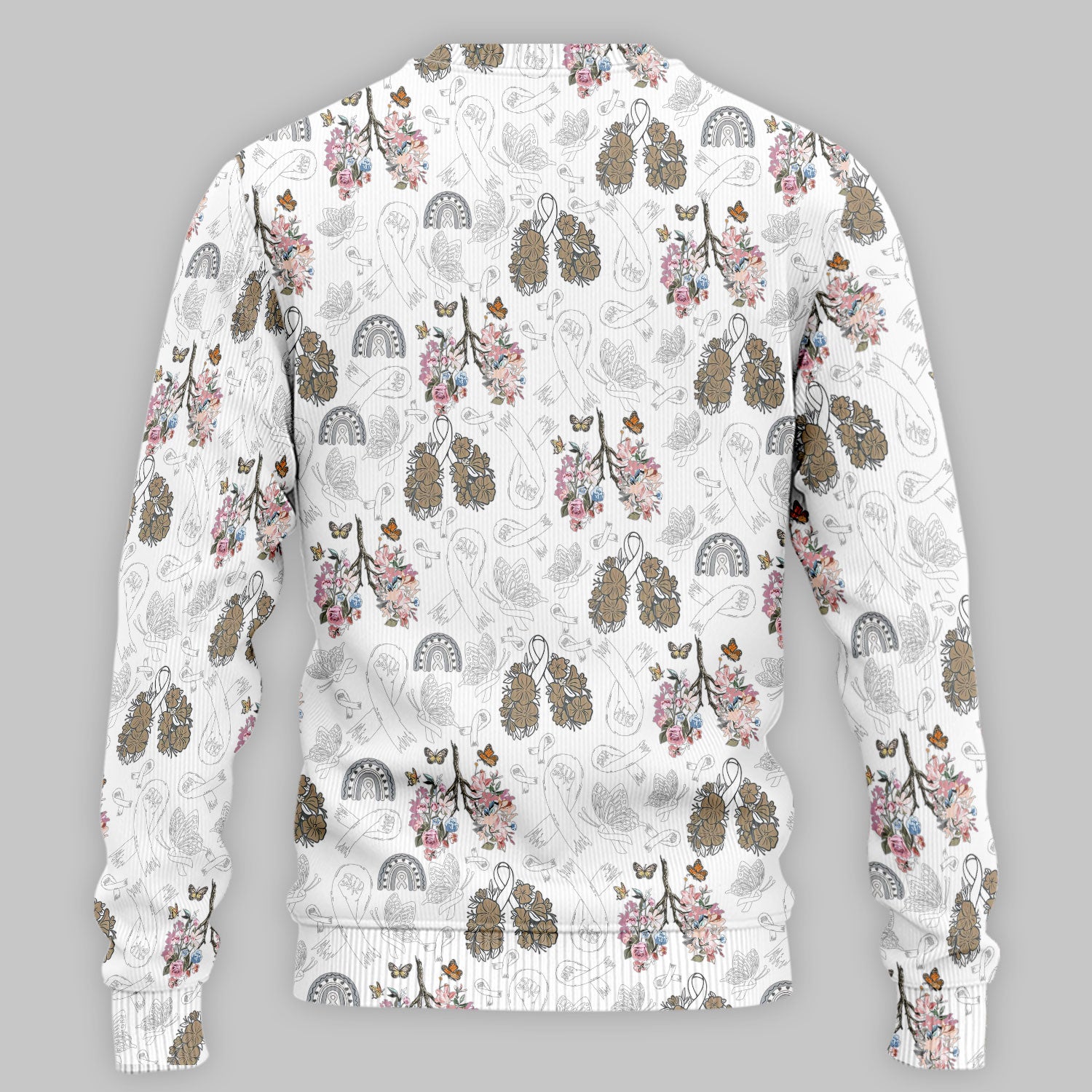 Lung Cancer Awareness Scrub Sets for Nurse - White Ribbon Butterfly Floral Scrub Pants and V Neck Top - Breathable Med Uniform for Women