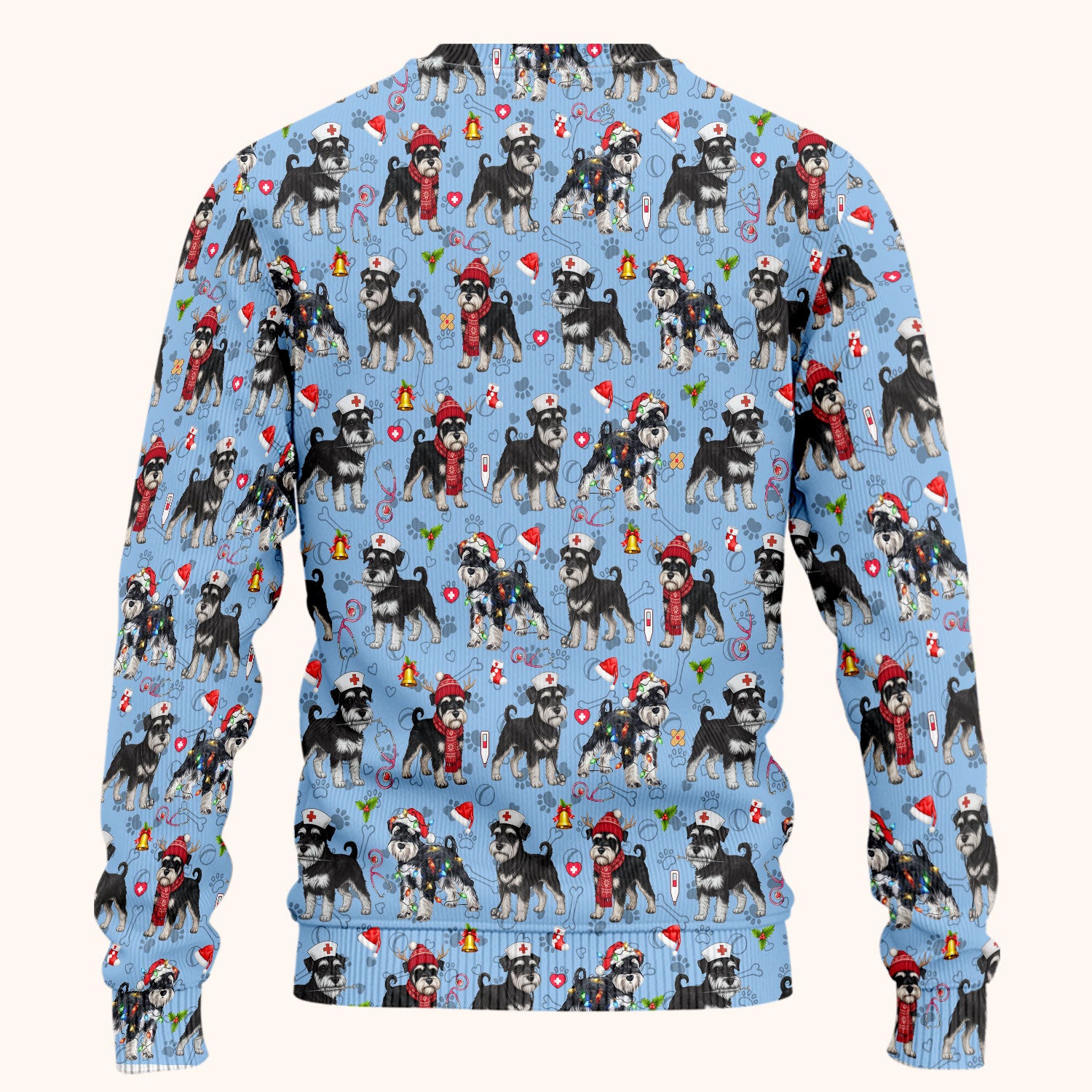 Christmas Schnauzer Scrub Set for Nurses - Cute Dog Holiday Scrubs Pants and V Neck Top - Funny Santa Nursing Medical Shirt for Women