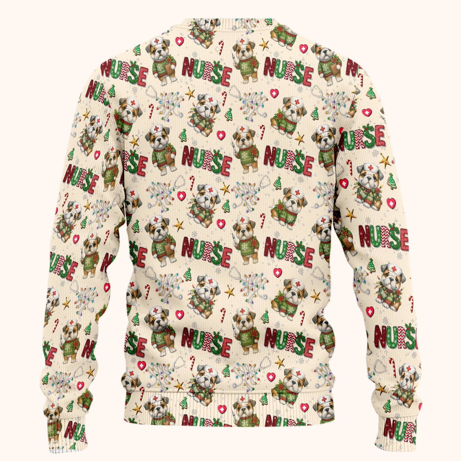 Bulldog Christmas Nurse Scrub Set - Funny Dog Scrubs Pants and V Neck Top - Cute Holiday Medical Uniform