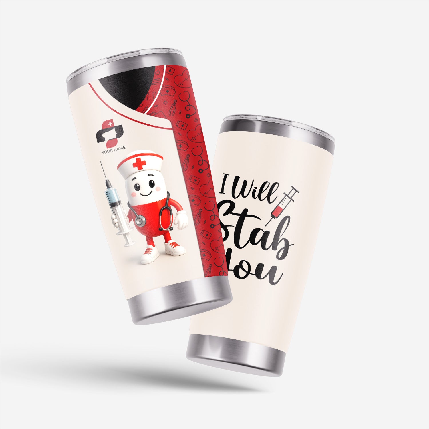 Funny Personalized Nurse Tumbler - Cartoon Pill Design Stainless Steel Travel Mug - RN CNA Healthcare Gift Multiple Color Options