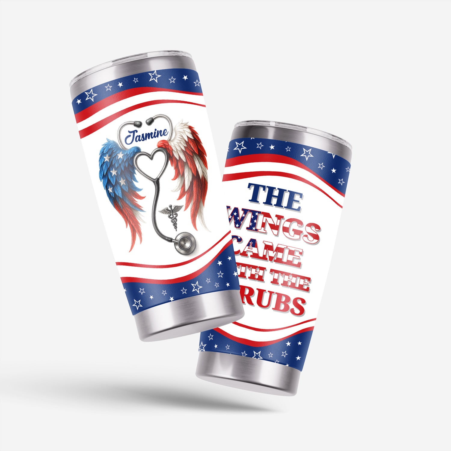 Personalized Nurse Tumbler - American Flag Angel Wings Stethoscope - The Wings Came With The Scrubs Gift