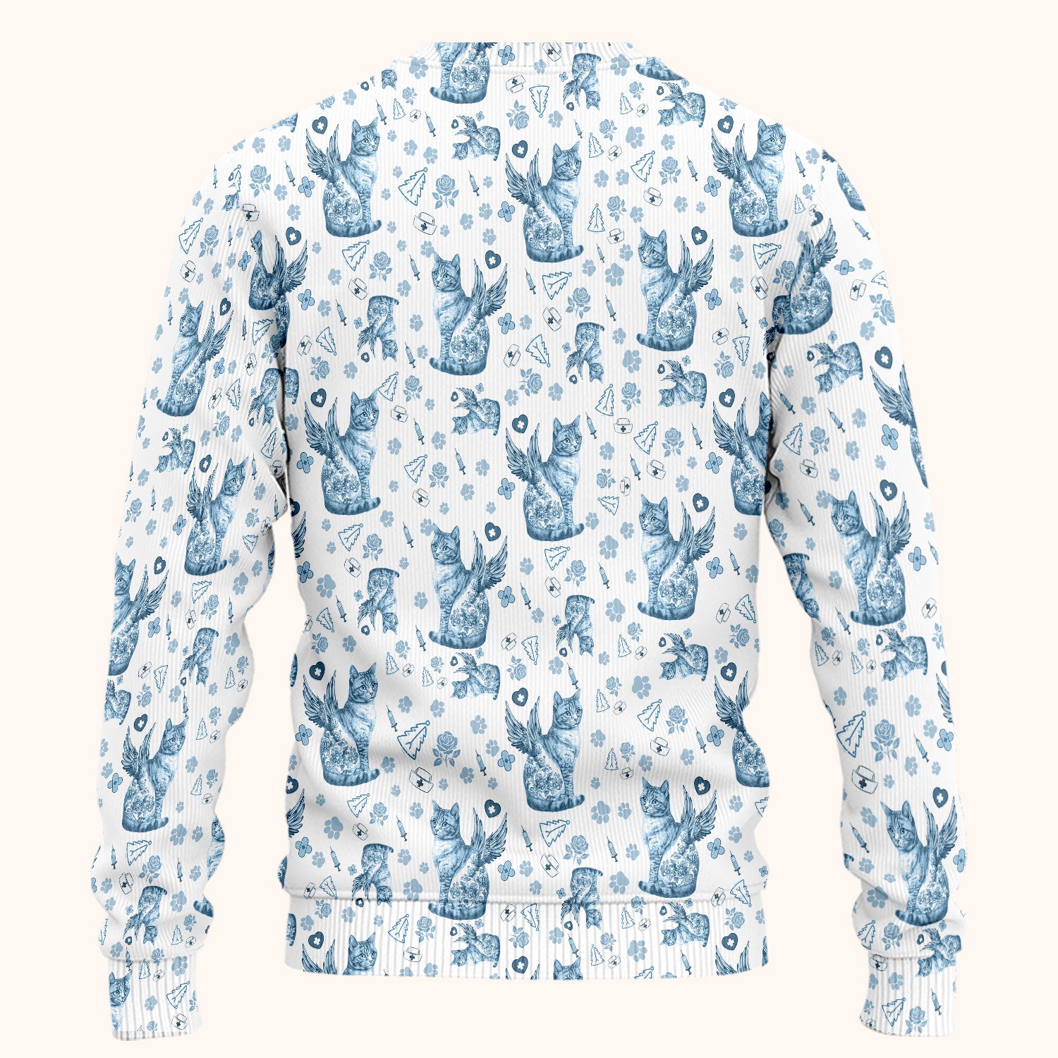 Toile de Jouy Cat Angel Scrub Set - Blue Vintage Nurse Pants and V Neck Top - French Style Medical Uniform for Women