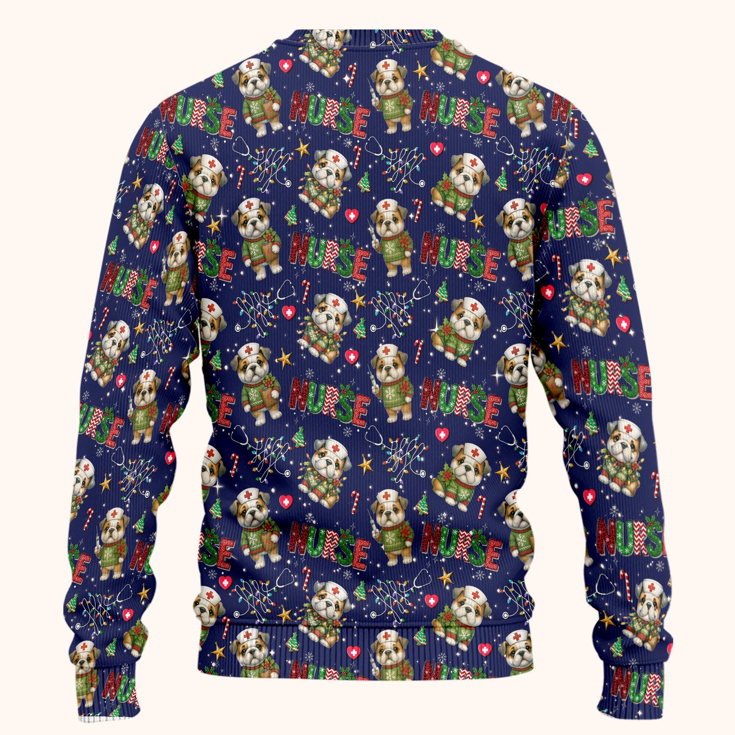 Bulldog Christmas Nurse Scrub Set - Funny Dog Scrubs Pants and V Neck Top - Cute Holiday Medical Uniform