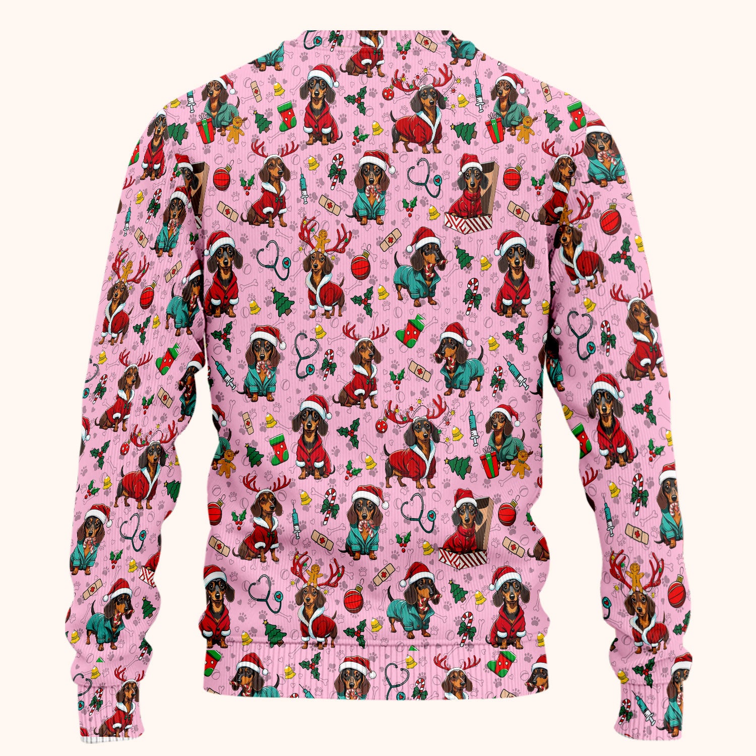 Christmas Dachshund Scrub Set for Nurses - Cute Sausage Dog Holiday - Funny Reindeer & Santa Scrubs Pants and V Neck Top