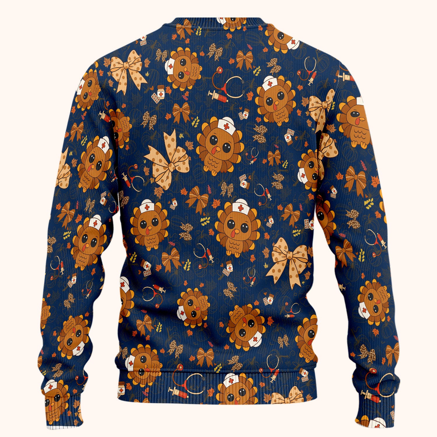 Thanksgiving Turkey Nurse Scrub Set for Women - Cute Fall Leaves and Bow Scrub Pants and V Neck Top - Autumn Medical Uniform