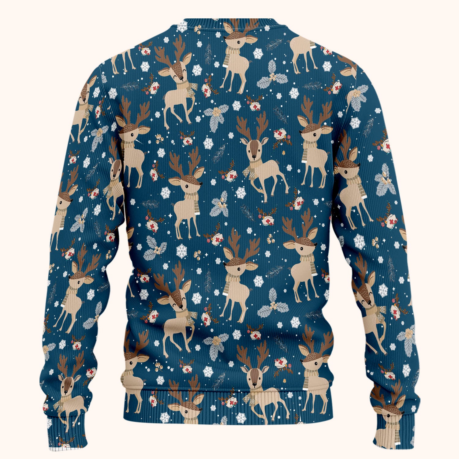 Reindeer Christmas Scrub Set - Cozy Beige Holiday Nurse Shirt with Cute Deer Pattern - Festive Medical Scrubs Pants and V Neck Top