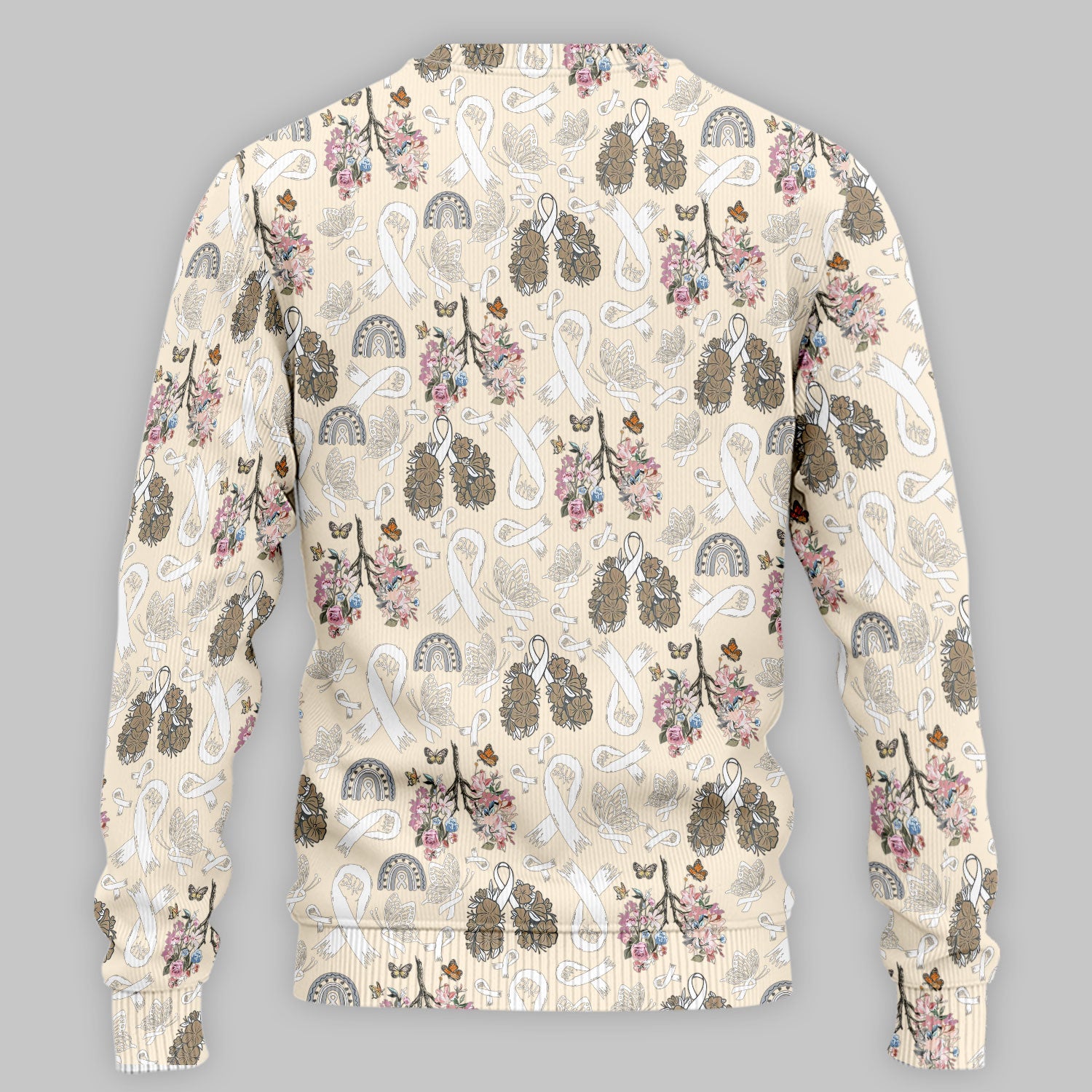 Lung Cancer Awareness Scrub Sets for Women - White Ribbon Butterfly Floral Scrub Pants and V Neck Top - Comfortable Med Uniform for Her