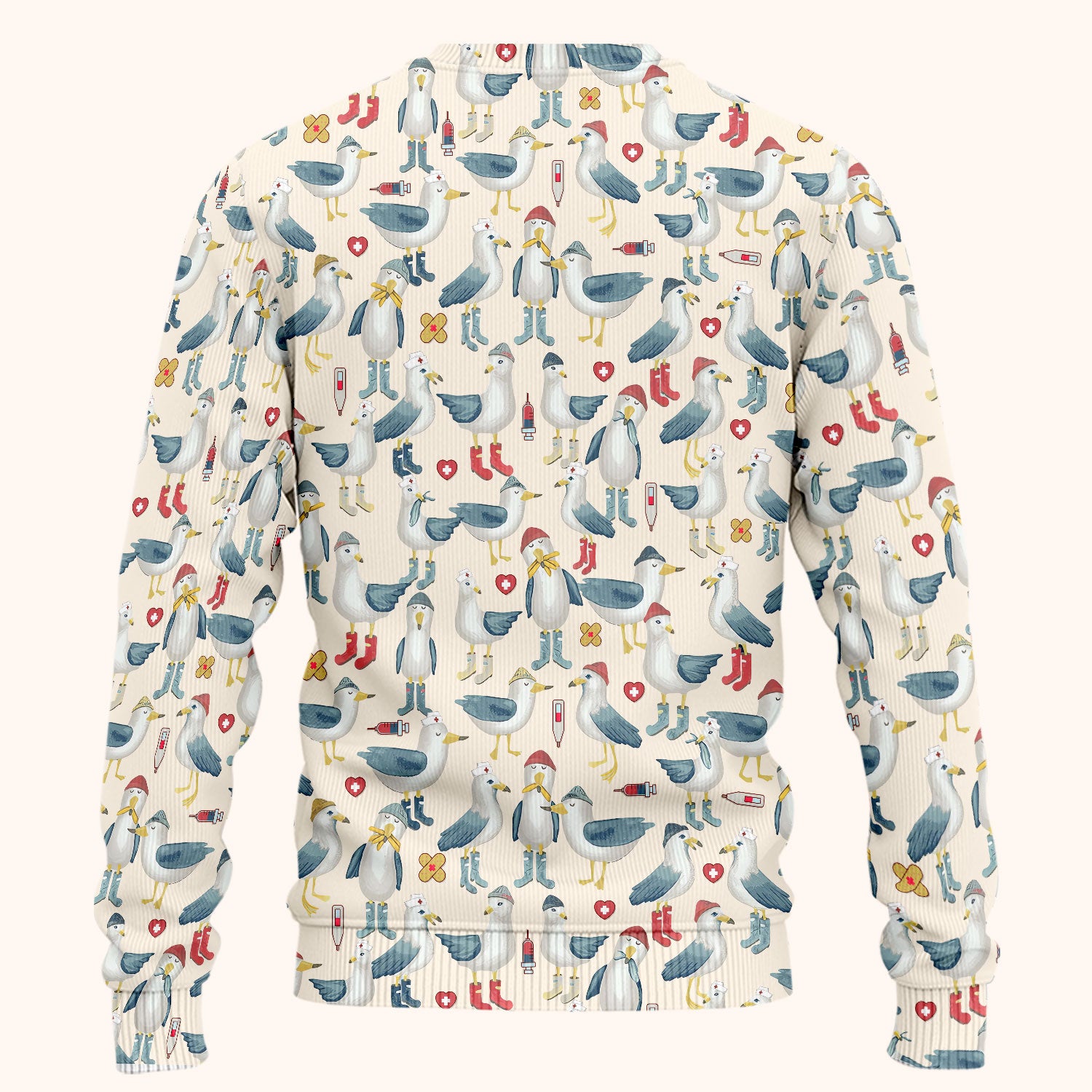 Funny Seagull Nurse Scrub Set - Cute Bird with Medical Icons Scrubs Pants and V Neck Top - Comfortable Scrubs for Women