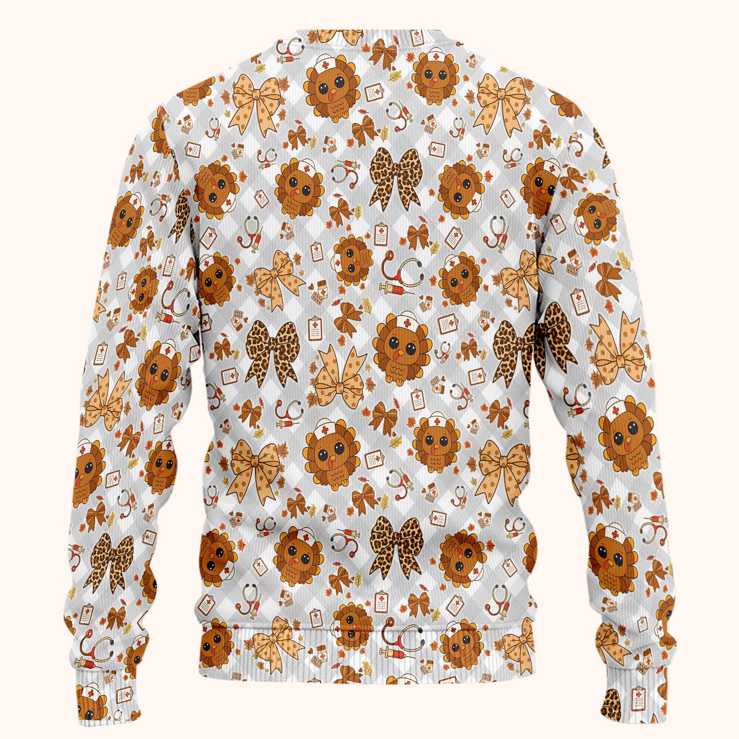 Thanksgiving Turkey Scrub Set for Nurses - Cute Fall Leaves and Bow Scrubs Pants and V Neck Top - Autumn Nursing Gift for Her