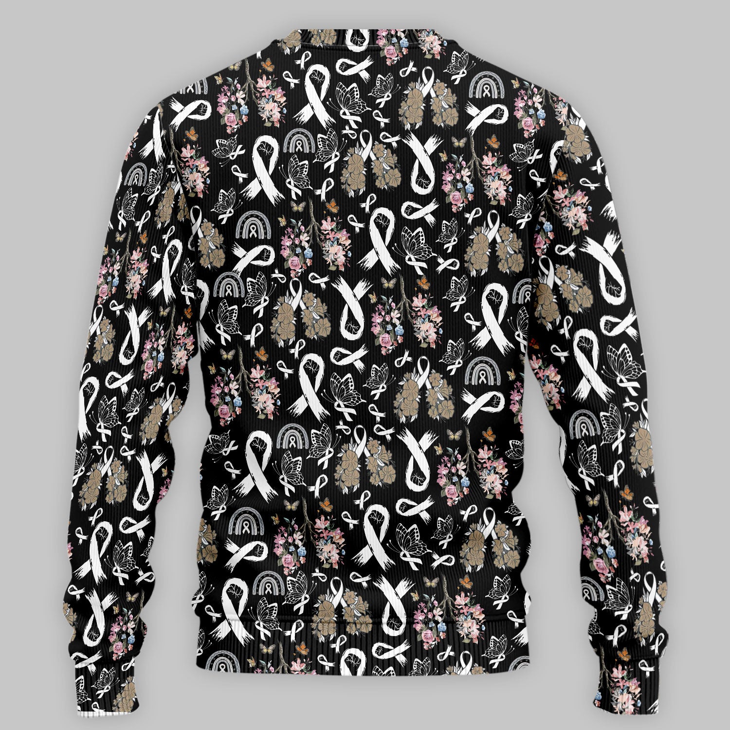 Lung Cancer Awareness Scrub Sets for Nurse - White Ribbon Butterfly Floral Scrub Pants and V Neck Top - Breathable Med Uniform for Women