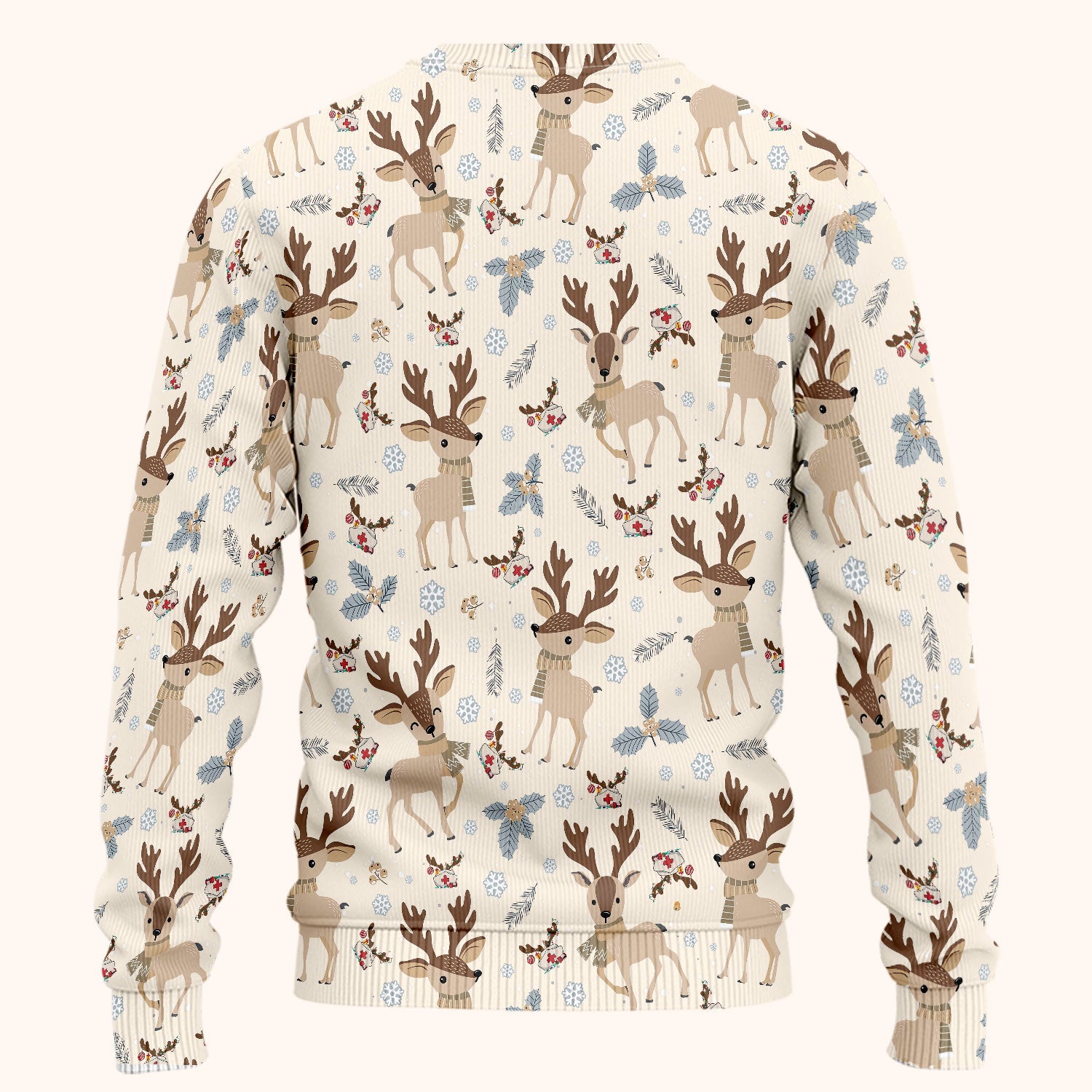 Reindeer Christmas Scrub Set - Cozy Beige Holiday Nurse Shirt with Cute Deer Pattern - Festive Medical Scrubs Pants and V Neck Top
