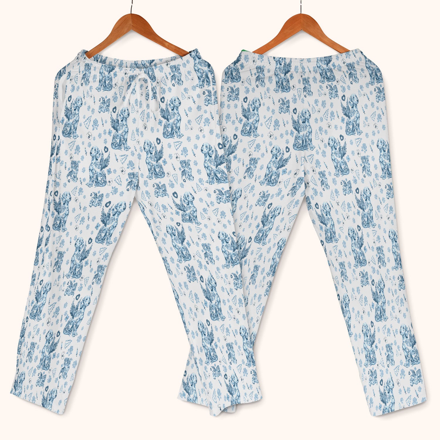 Toile de Jouy Dachshund Angel Scrub Set - Blue Vintage Wiener Dog Scrubs Pants and V Neck Top - Memorial Puppy Gift