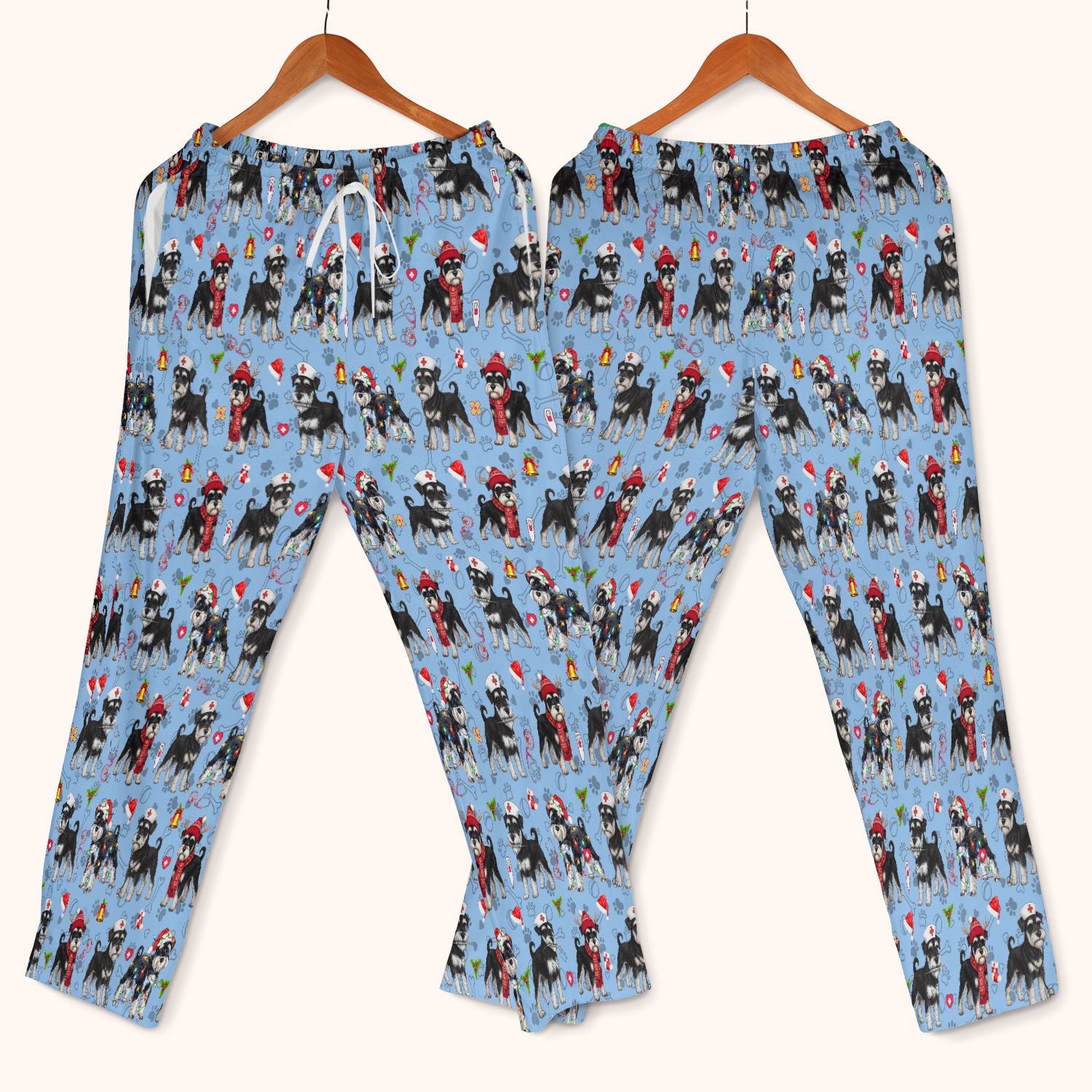 Christmas Schnauzer Scrub Set for Nurses - Cute Dog Holiday Scrubs Pants and V Neck Top - Funny Santa Nursing Medical Shirt for Women