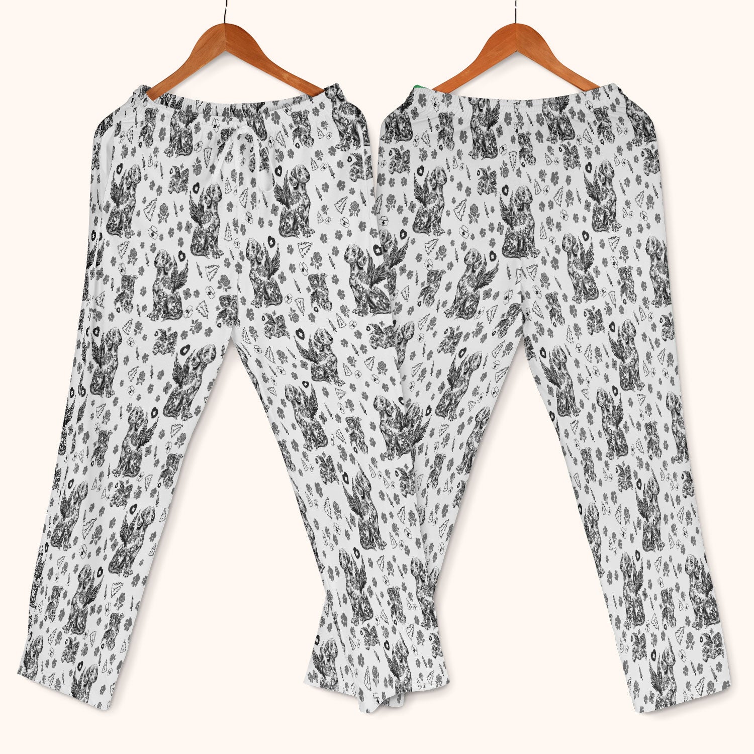Toile de Jouy Dachshund Angel Scrub Set - Blue Vintage Wiener Dog Scrubs Pants and V Neck Top - Memorial Puppy Gift