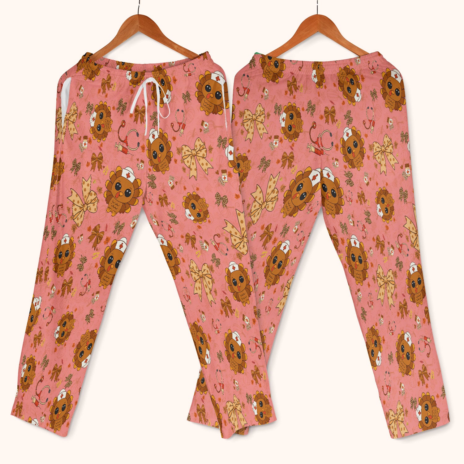 Thanksgiving Turkey Nurse Scrub Set for Women - Cute Fall Leaves and Bow Scrub Pants and V Neck Top - Autumn Medical Uniform