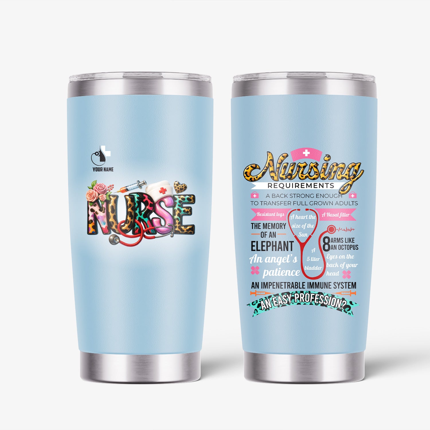 Custom Name Nurse Tumbler - Cute Leopard Lettering and Stethoscope Design - Gift for Registered Nurses CNA RN LPN - Stainless Steel Travel Mug for Healthcare Heroes