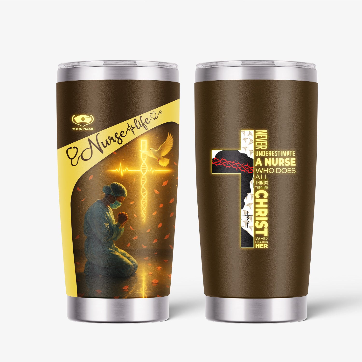 Christian Nurse Tumbler for RN LPN CNA - Personalized Prayer Design with Dove and Cross - Inspirational Gift for Women in Healthcare