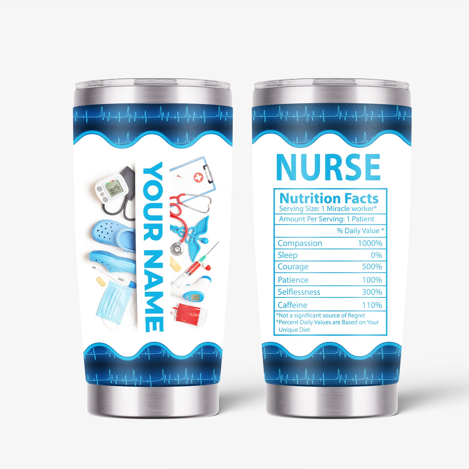 Personalized Nurse Nutrition Facts Tumbler - Custom Name RN CNA LPN Cup - Funny Medical Gift for Women in Healthcare Who Work Miracles and Deserve Appreciation