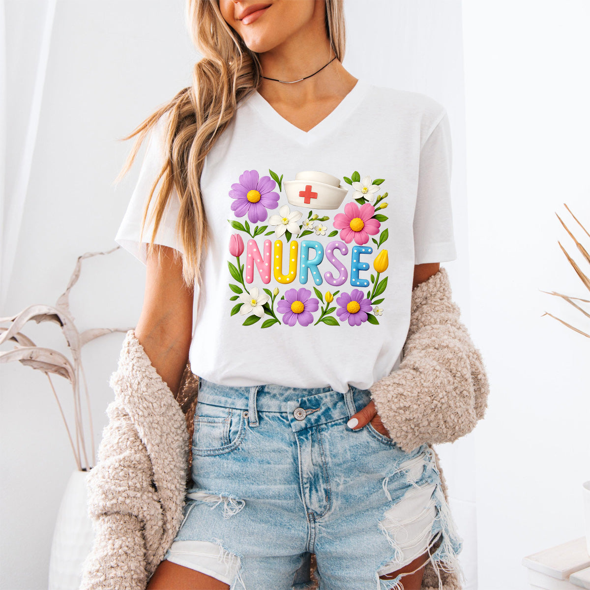 Cute Floral Nurse Shirt for Women – Colorful Spring Design with Hat & Flowers – Appreciation Gift for RN CNA LPN