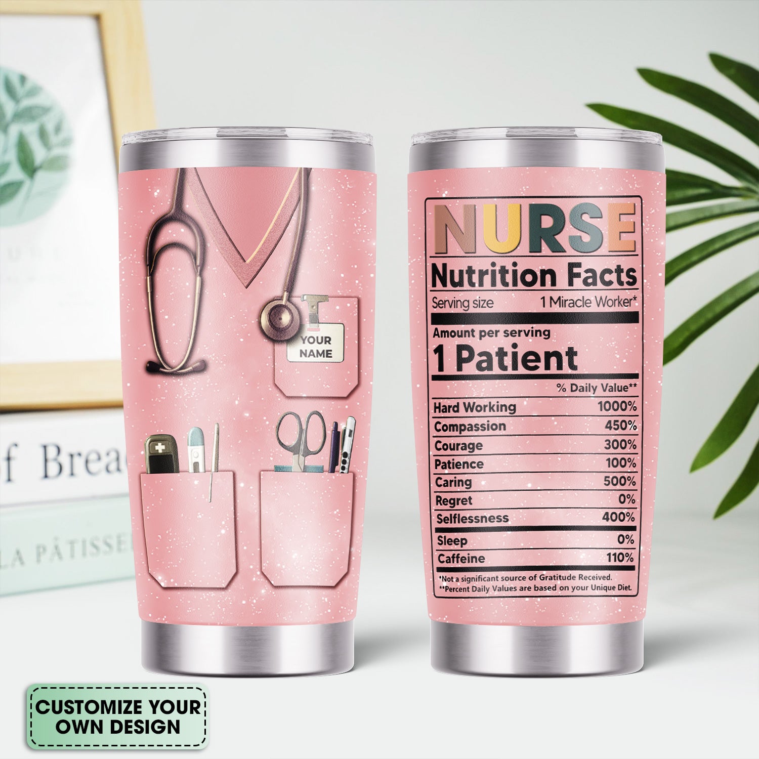Custom Name Nurse Nutrition Facts Tumbler - Funny Medical Worker Design with Stethoscope and Tools - Appreciation Gift for RN LPN CNA