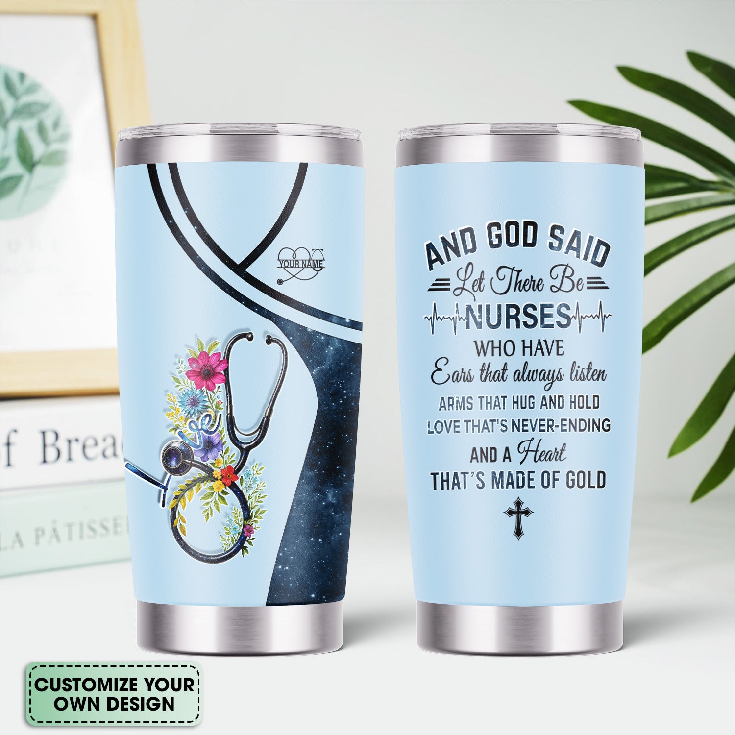 Personalized Nurse Tumbler with Floral Stethoscope Design - Let There Be Nurses Bible Verse - Custom Gift for RN, CNA, LPN & Healthcare Workers