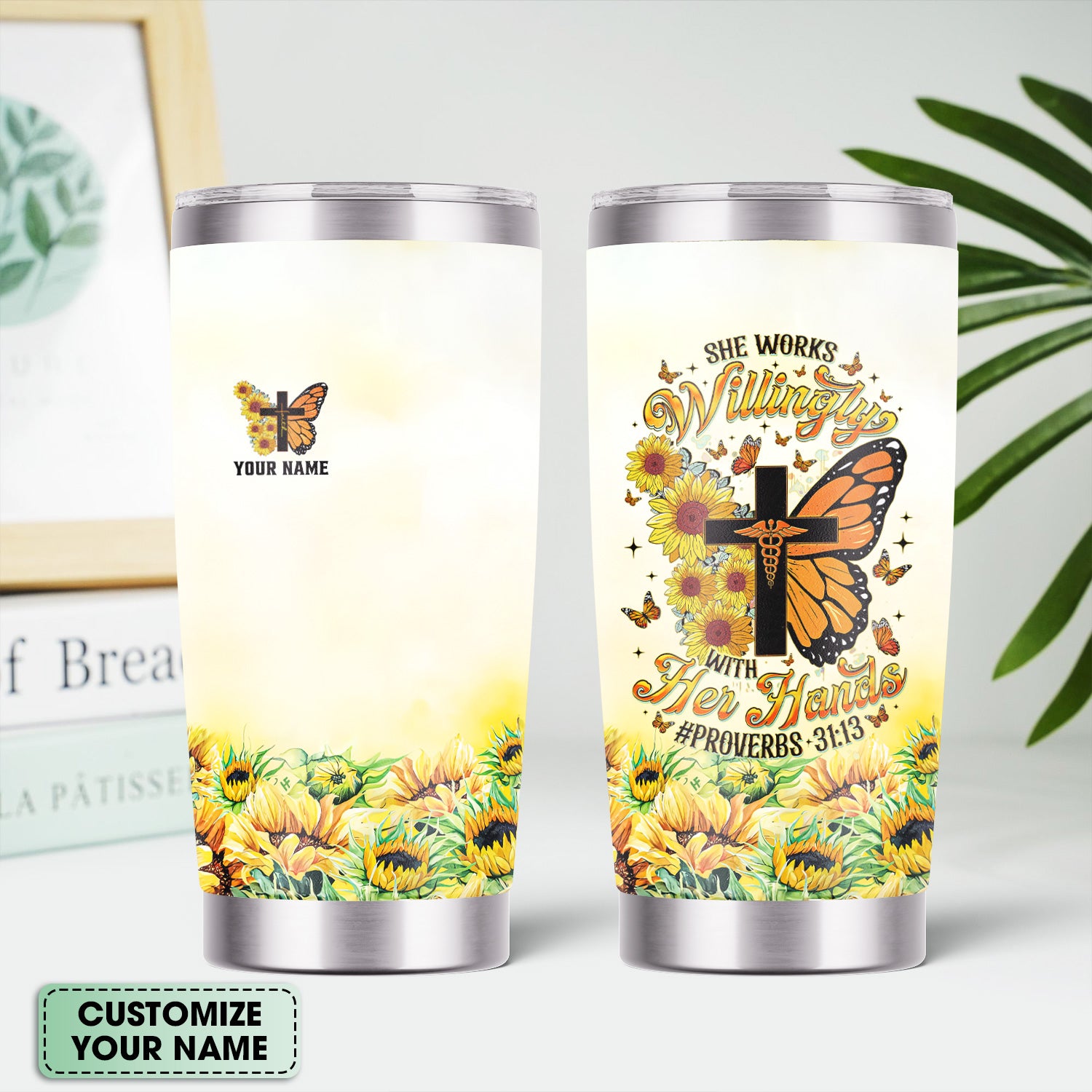 Personalized Christian Nurse Tumbler - Sunflower Butterfly Cross & Bible Verse - RN LPN CNA Healthcare Workers Gift
