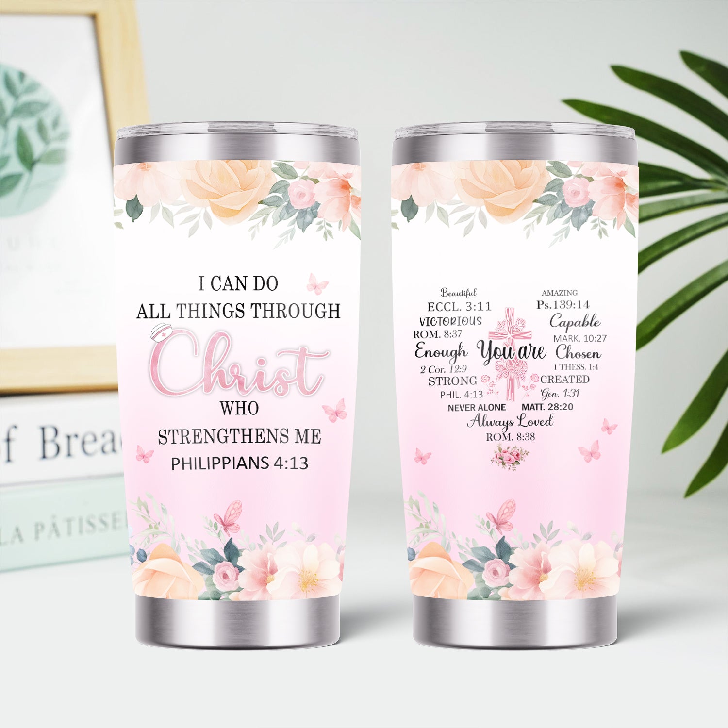 Floral Christian Nurse Tumbler - Inspirational Bible Verse Apparel - Gift for RN LPN CNA Healthcare Staff
