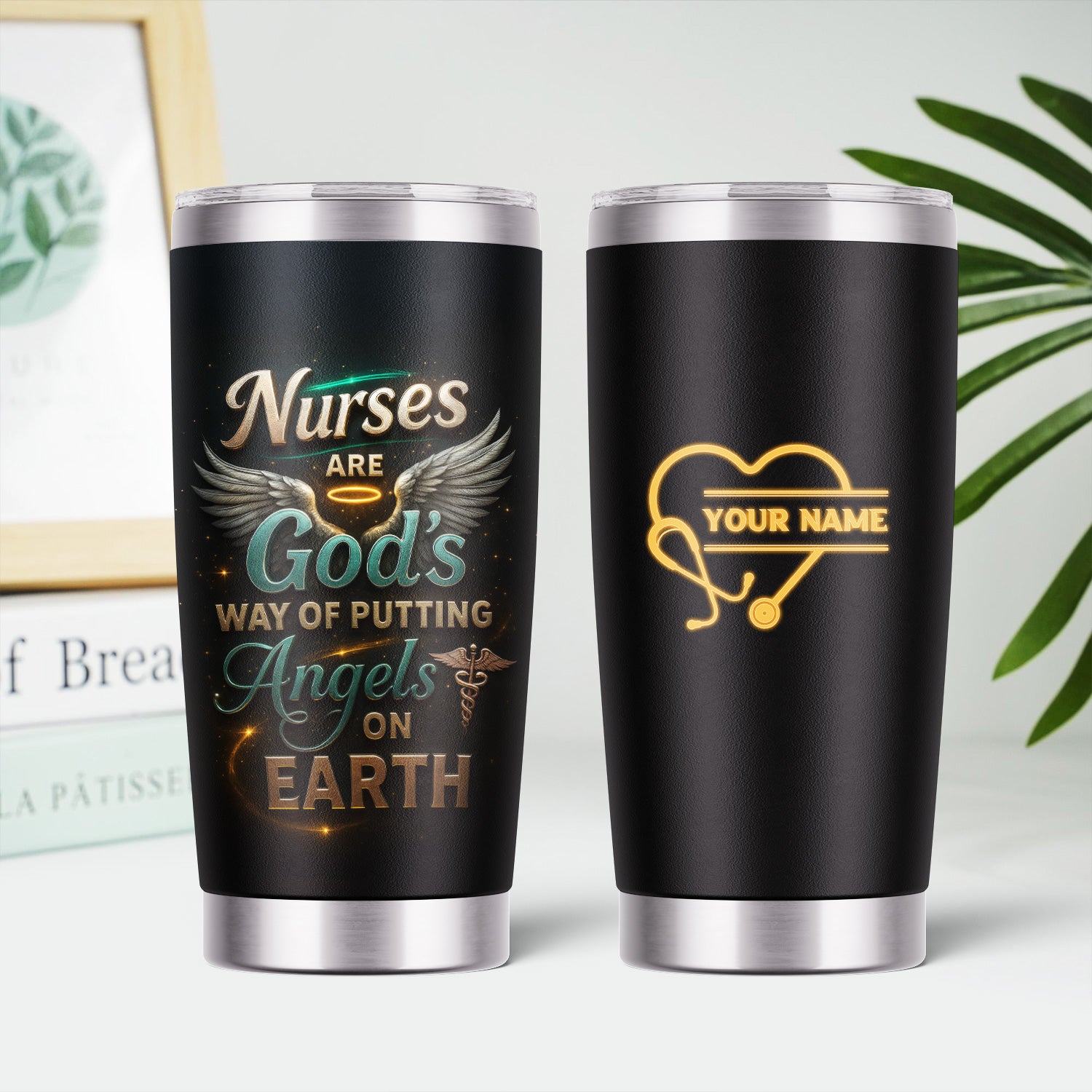 Personalized Religious Nurse Tumbler - Angel Wings & Halo Medical Design - Christian Gift for RN, CNA, Healthcare Worker