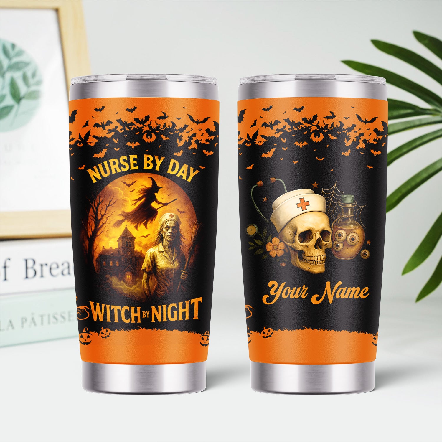 Halloween Nursing Travel Tumbler for CPN LPN RN - Scary Witch Nurse By Day Night Design - Gift for Healthcare Workers Medical Staff