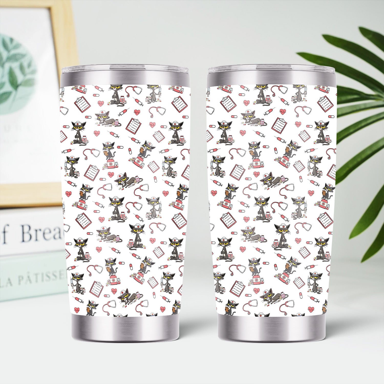 Funny Nurse Tumbler with Black Cat - Personalized 20oz Stainless Steel Cup - Gift for RN, CNA, LPN, Medical Staff