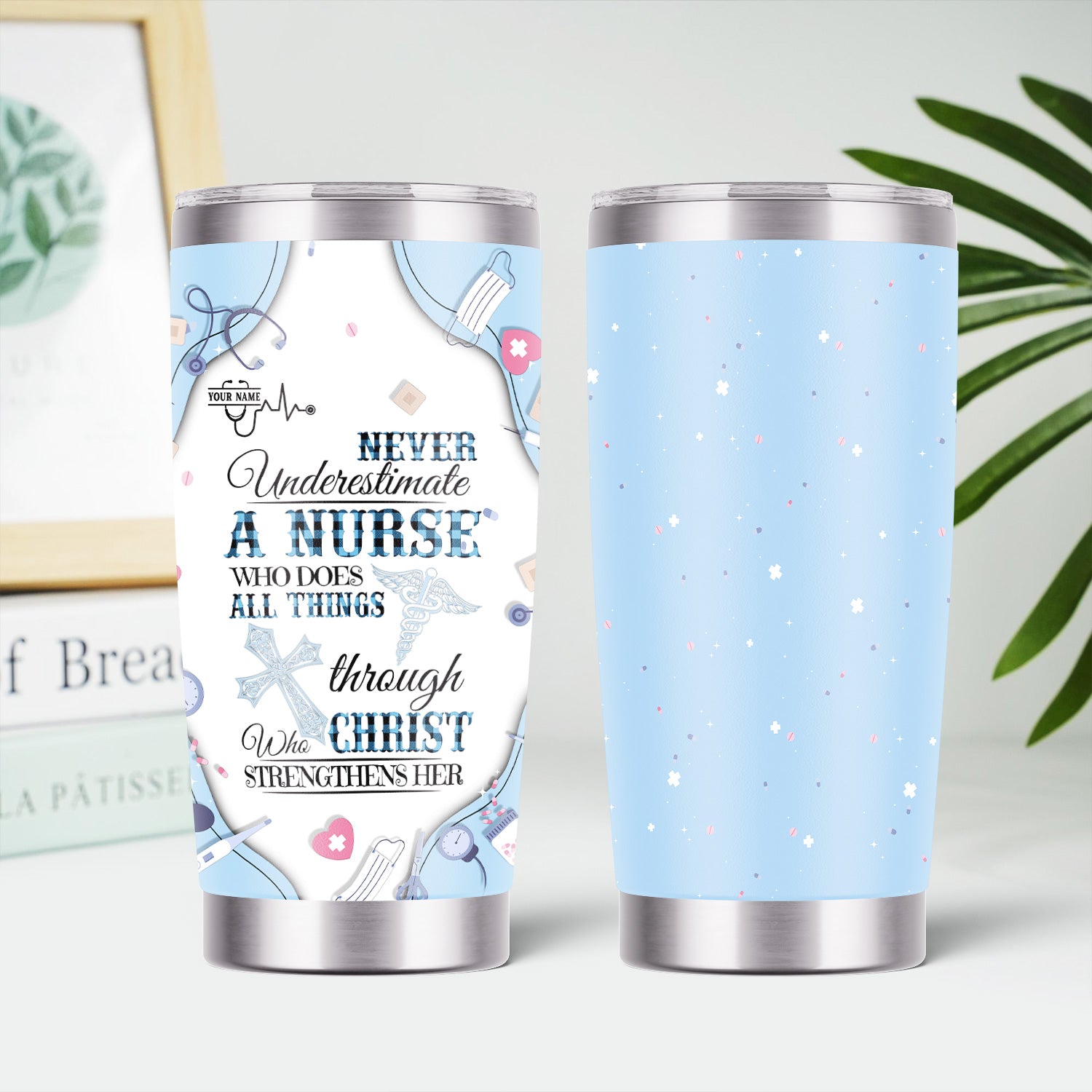 Personalized Christian Nurse Tumbler for RN LPN CNA - Custom Name All Things Through Christ Quote - Faith Medical Gift for Healthcare Workers