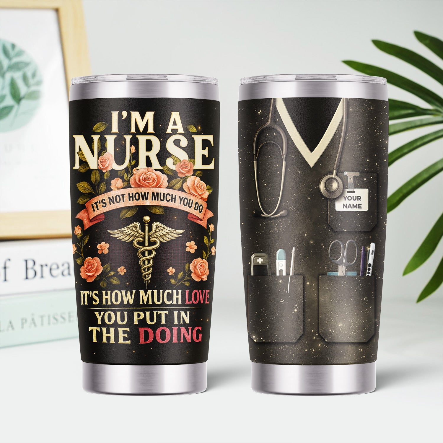 Personalized Healthcare Workers Tumbler for Nurses RN LPN CNA - Flower Medical Nursing Design with Stethoscope Caduceus - Appreciation Gift for Hospital Staff