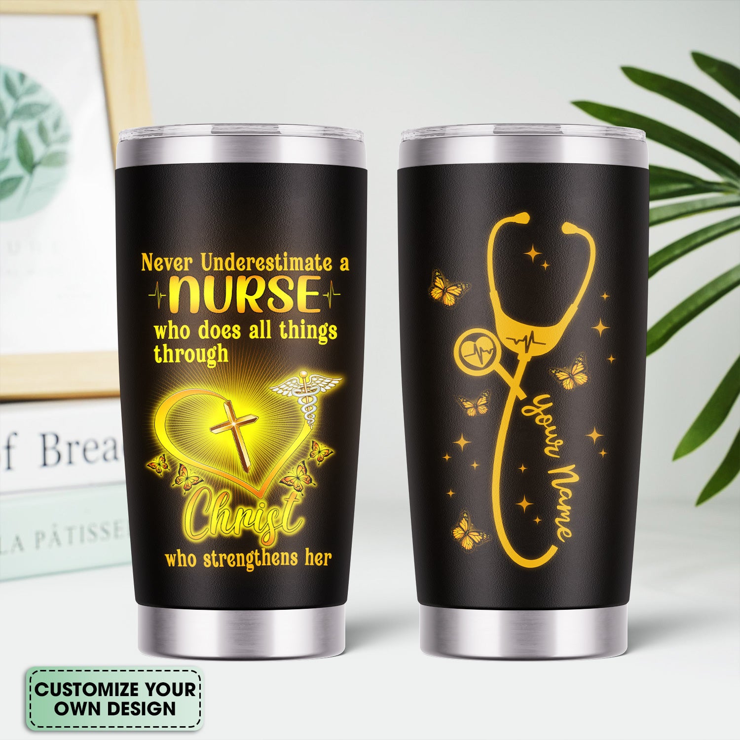 Personalized Religious Nurse Tumbler - Christian Quote with Cross & Butterfly Design - Inspirational Gift for Faithful RN LPN CNA Staff