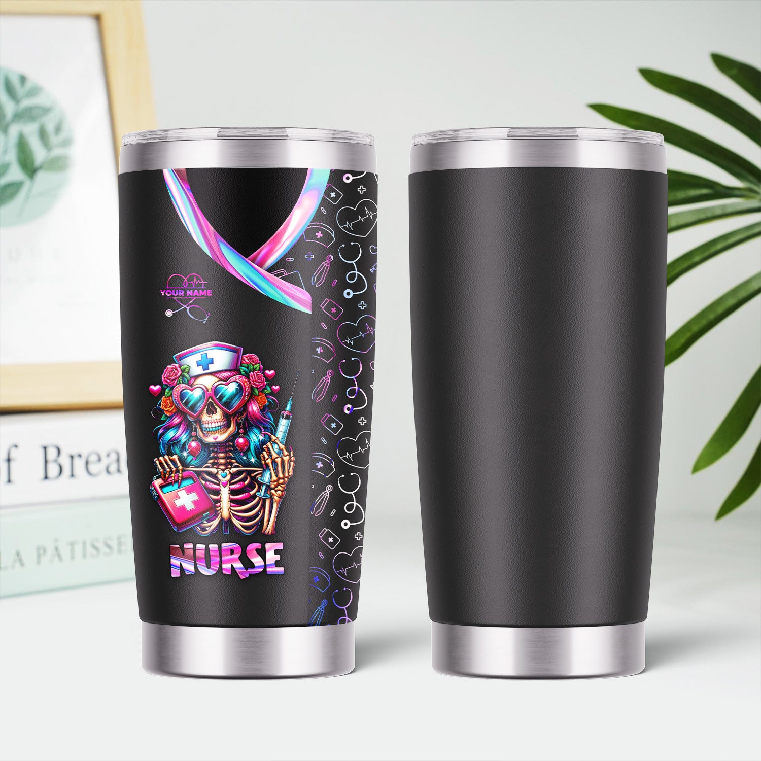 Custom Funny Skeleton Nurse Tumbler - Neon Skull with Heart Glasses & Syringe Design - Personalized Gift for RN LPN CNA