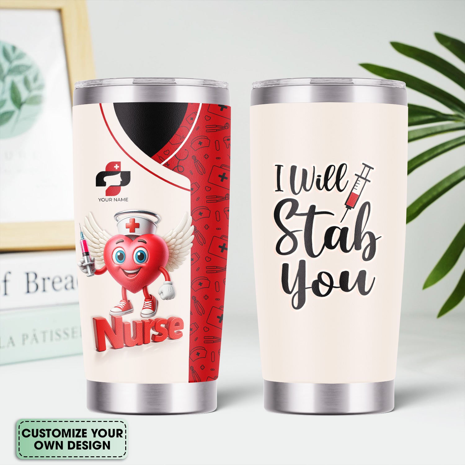 Custom Nurse Travel Tumbler - Cute Heart Cartoon with Syringe Design - Hilarious I Will Stab You Gift for Healthcare Professionals