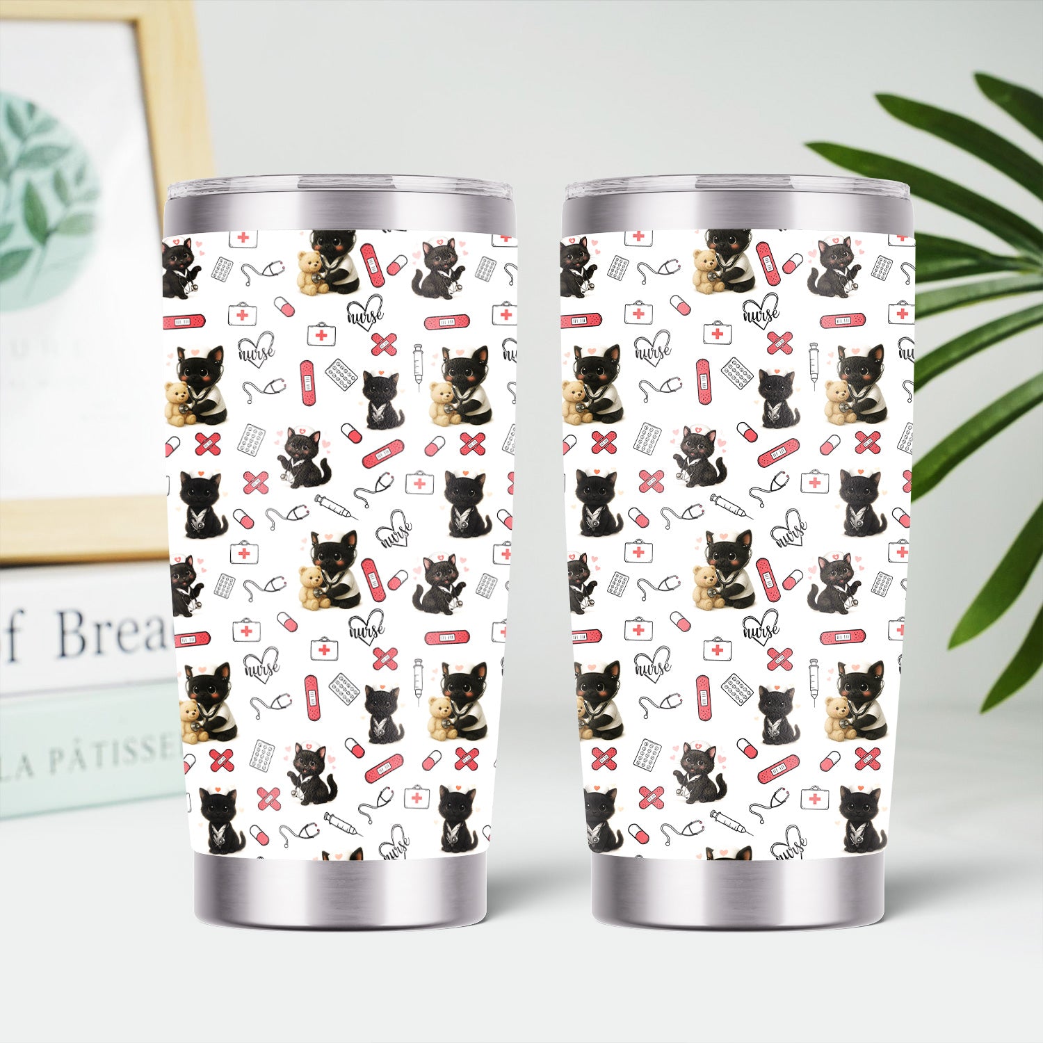 Funny Cat Lover Nurse Tumbler - Personalized RN CNA LPN Gift - Cute Medical Pattern with Black Kittens