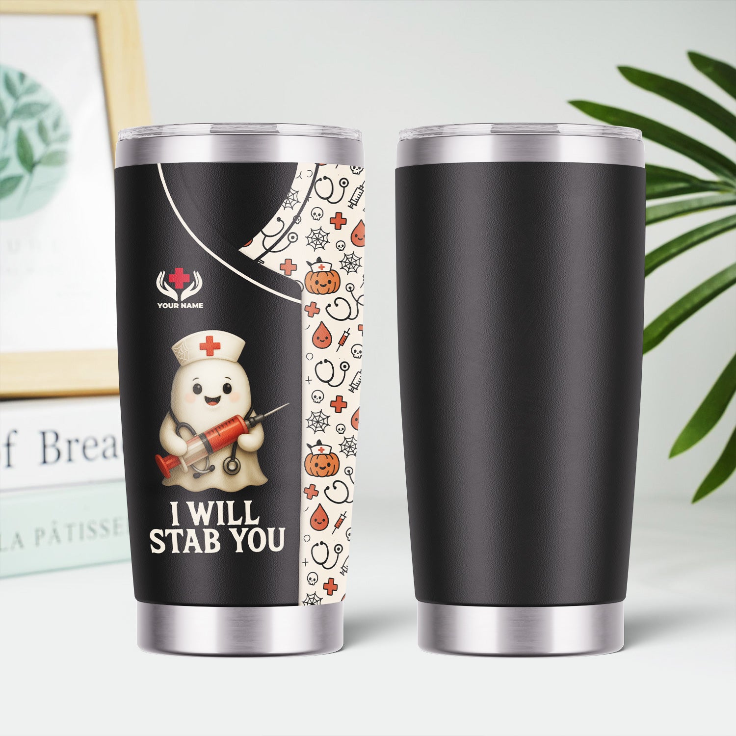 Funny Personalized Halloween Nurse Tumbler - I Will Stab You Quote with Syringe - Custom Name Gift for  RN LPN CNA Healthcare Workers