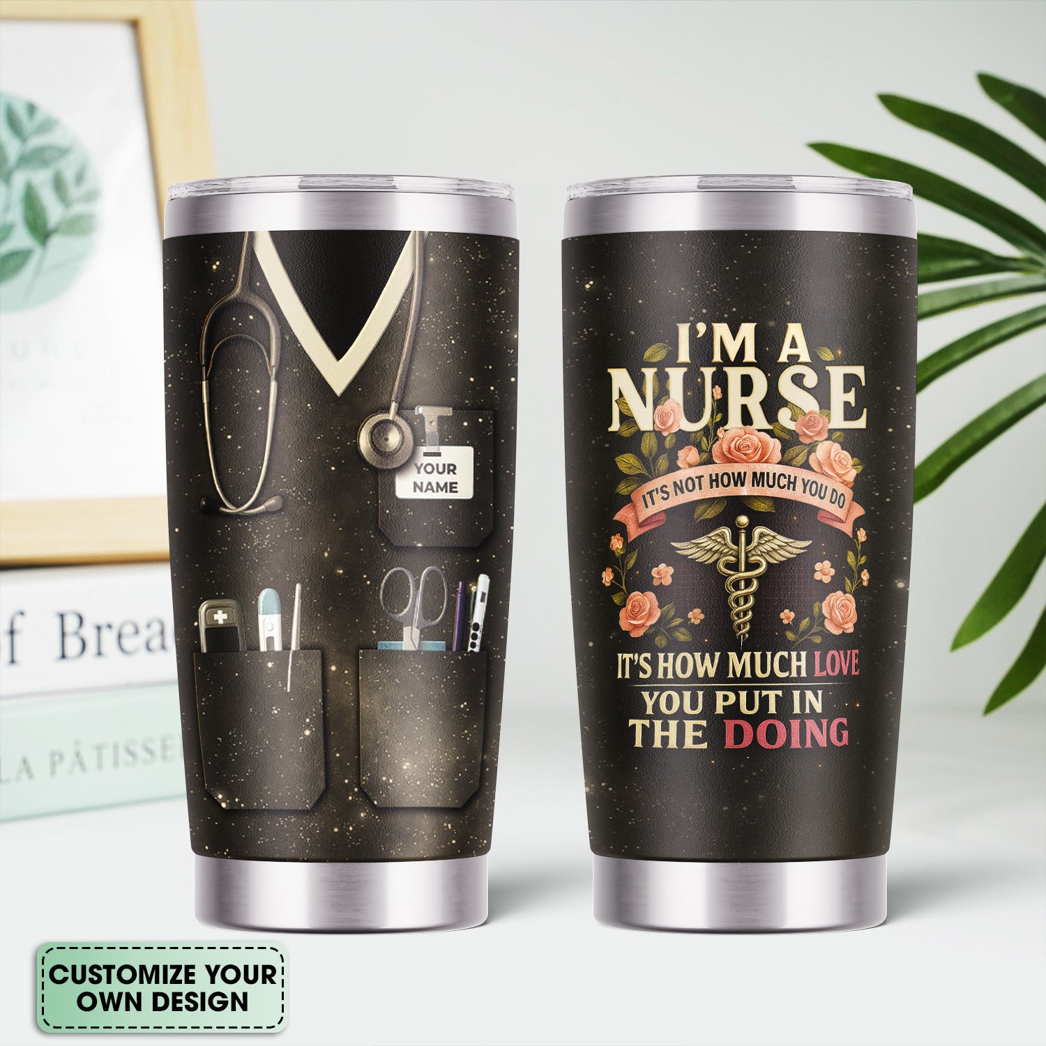 Personalized Nurse Tumbler - Floral Caduceus Design with Custom Name - Inspirational Gift for Medical Staff RN LPN CNA