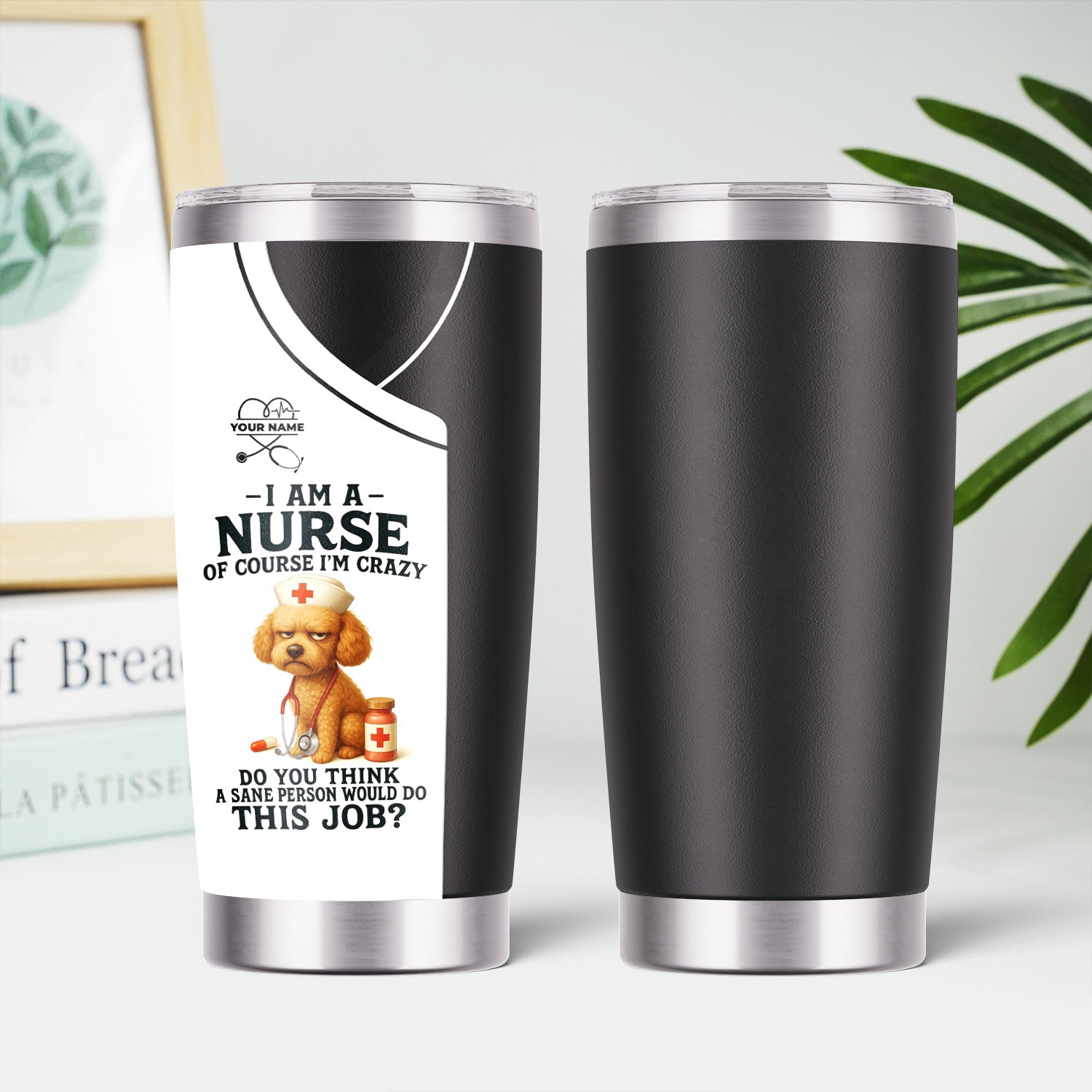 Funny Nurse Tumbler with Poodle - Personalized 20oz Stainless Steel Cup - Custom Name Humorous Gift for RN LPN CPN Dog Lover