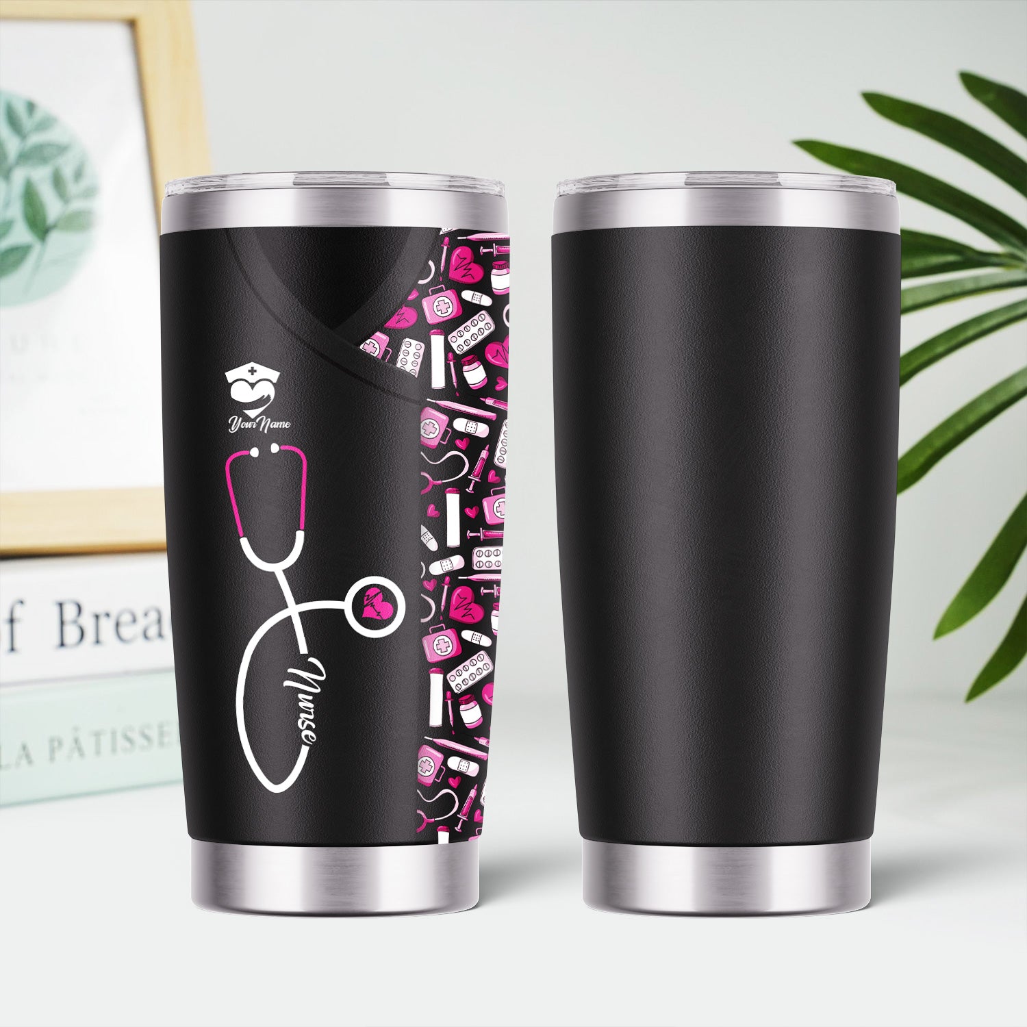 Funny Nurse Tumbler - Stethoscope & Medical Icons Design - Customizable Text Gift for Healthcare Workers, Nurses, LPN, CNA