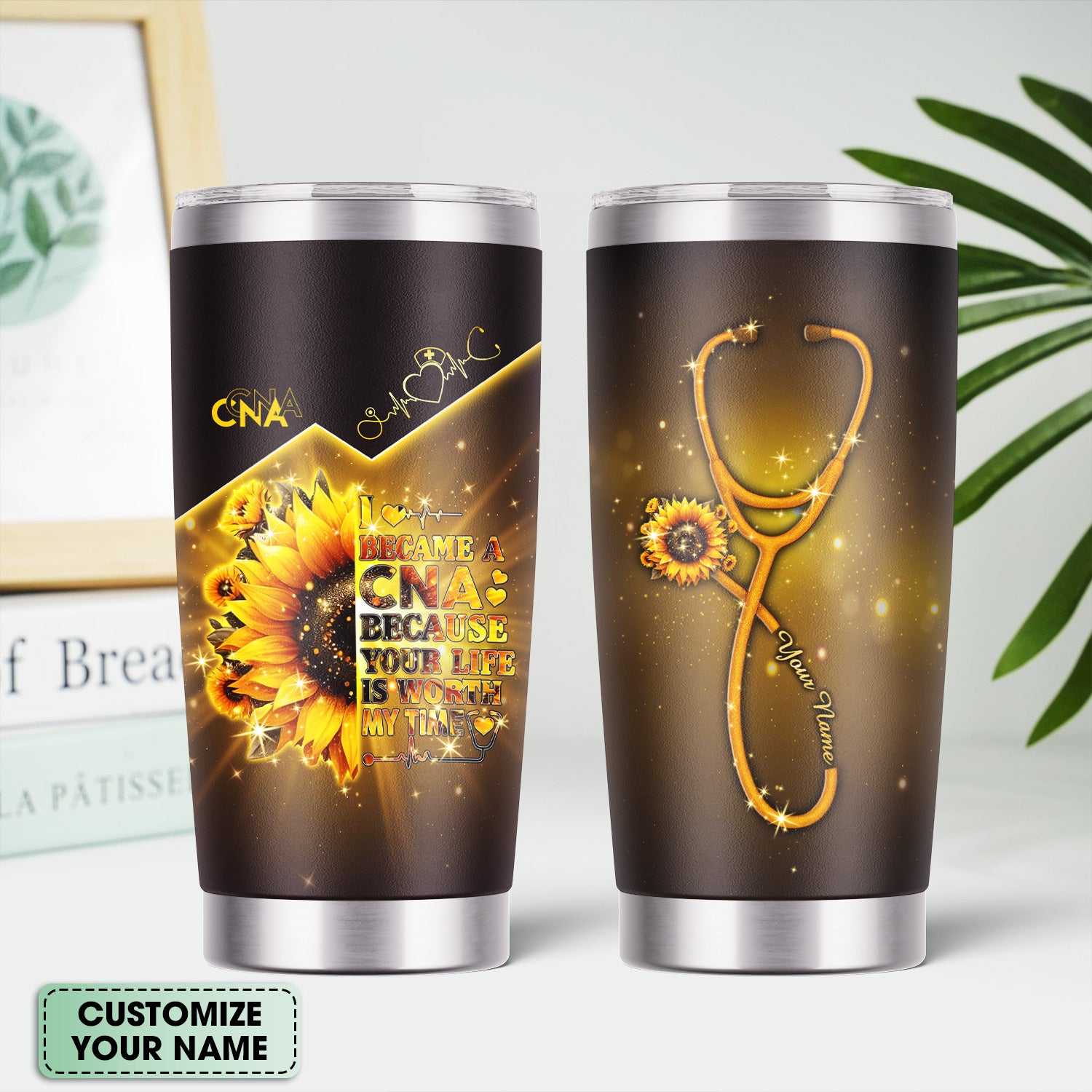 Personalized CNA Floral Tumbler - Stethoscope Sunflower Graphic Design - Gift for RN LPN CNA