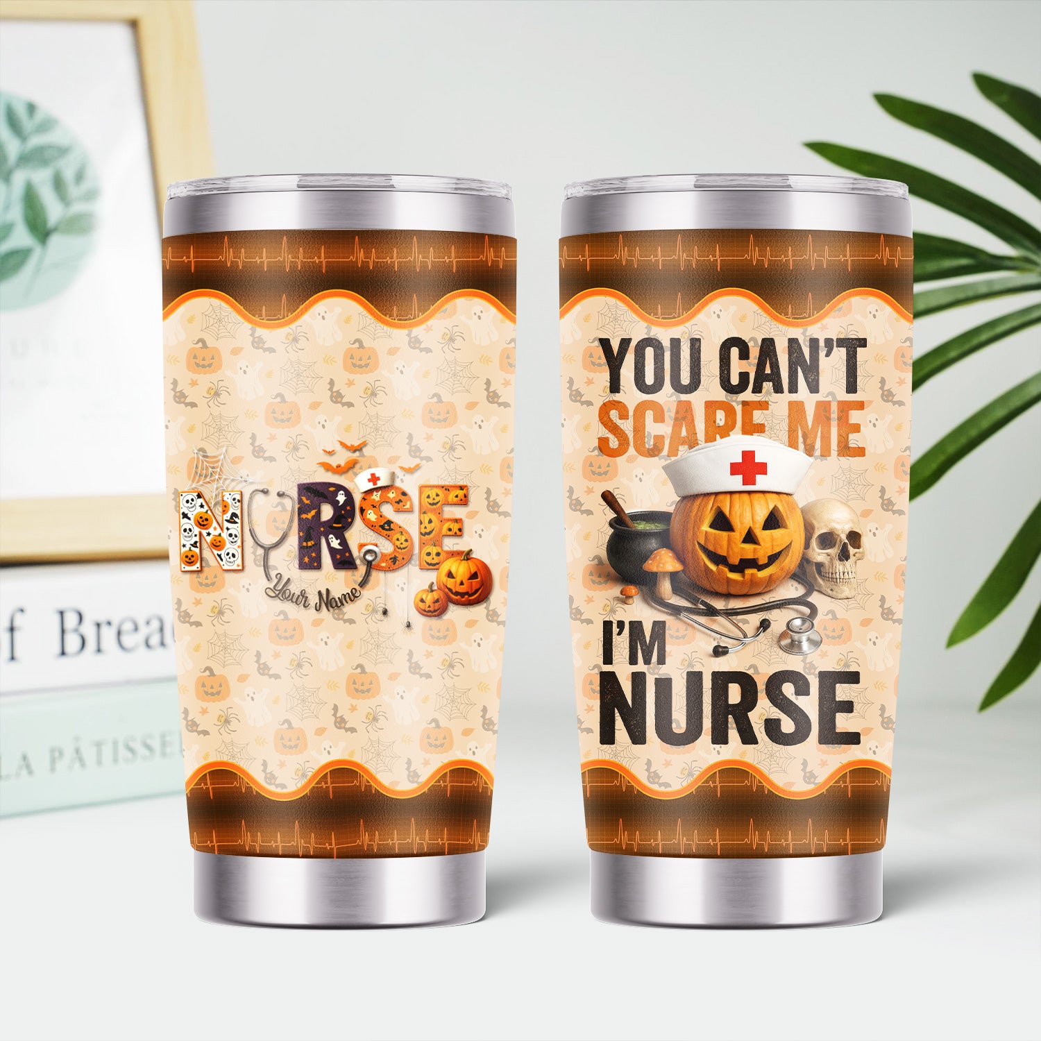Personalized Nurse Halloween Tumbler - You Can't Scare Me Pumpkin Design - Custom Text Gift for RN CNA LPN Healthcare Workers