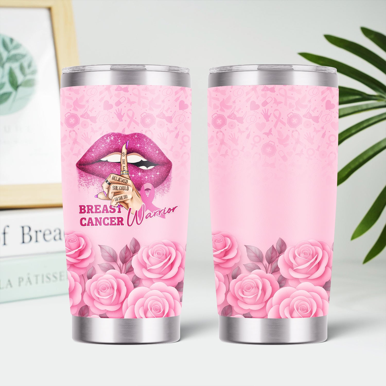 Personalized Breast Cancer Warrior Tumbler - She Believed She Could  Pink Ribbon Design - Gift for Women RN LPN CNA