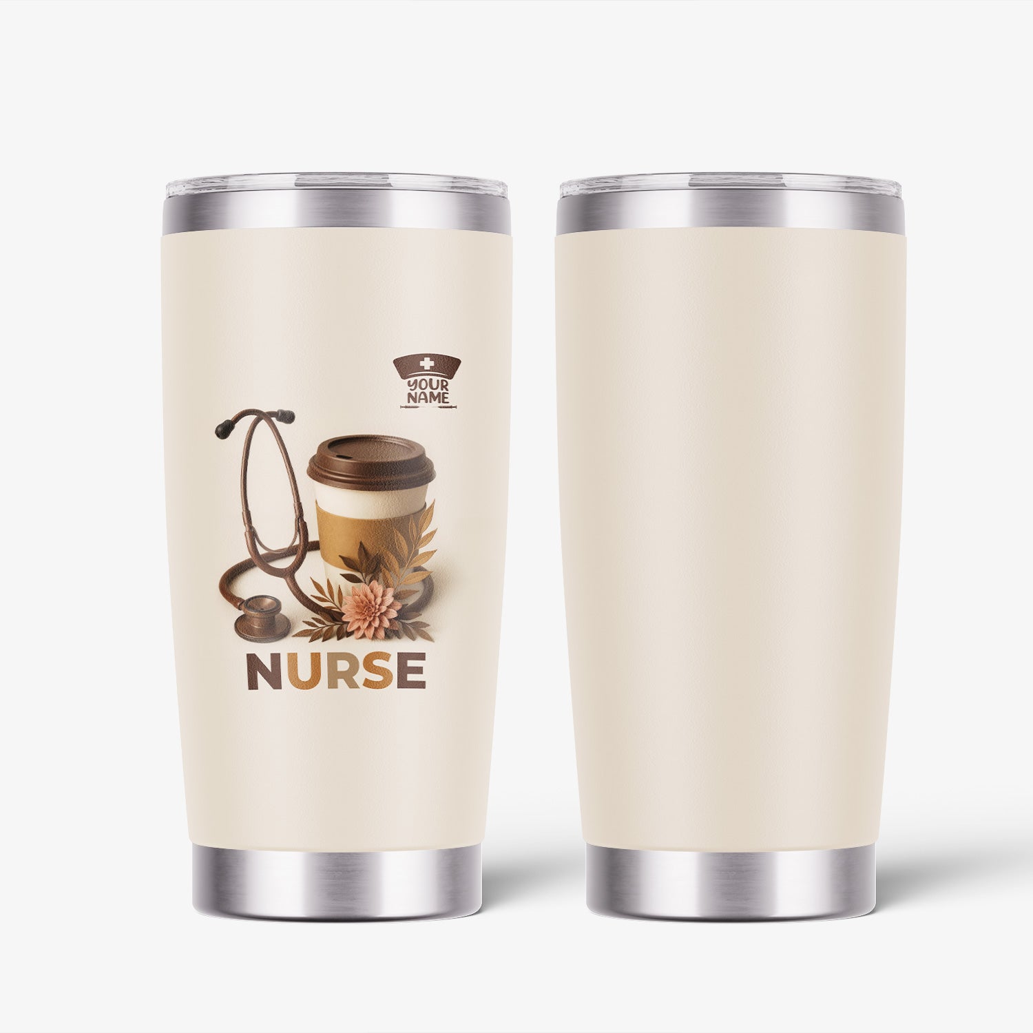 Personalized Nurse Coffee Tumbler - Stethoscope Floral Beige Design - Gift for RN LPN CNA Women