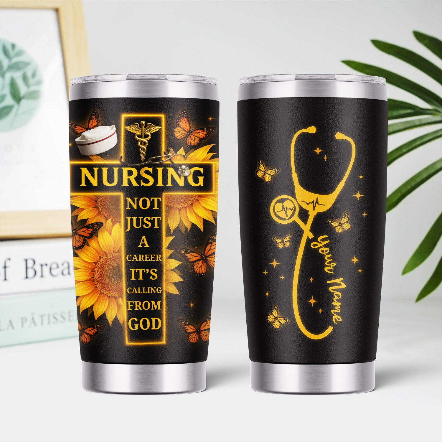 Custom Christian Nurse Tumbler - Faith-Based Gift with Stethoscope & Sunflower Cross - Great Gift for Christian RN CNA LPN Women