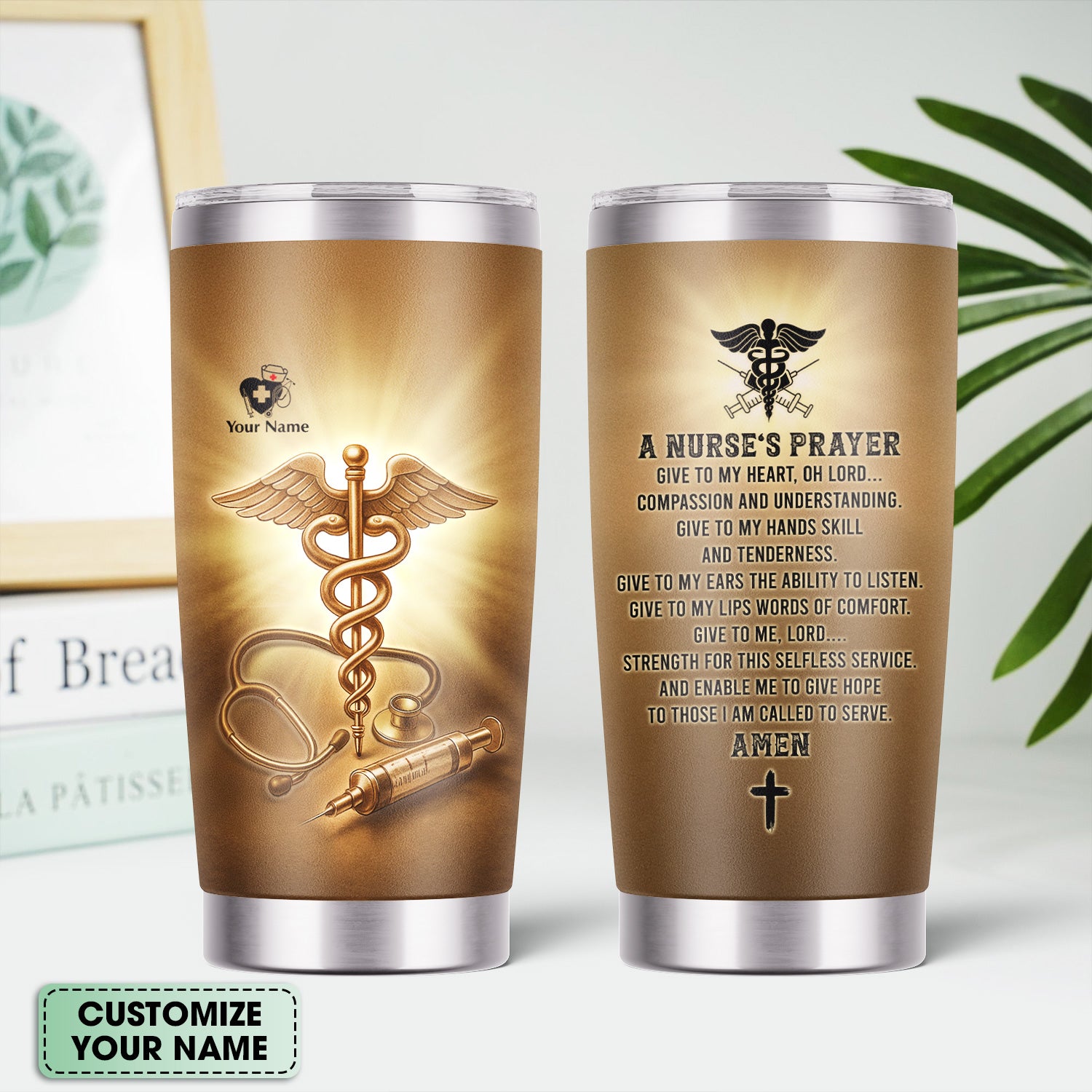 Personalized Christian Nurse Prayer Tumbler - A Nurse's Prayer & Caduceus Symbol - Gift for RN LPN CNA